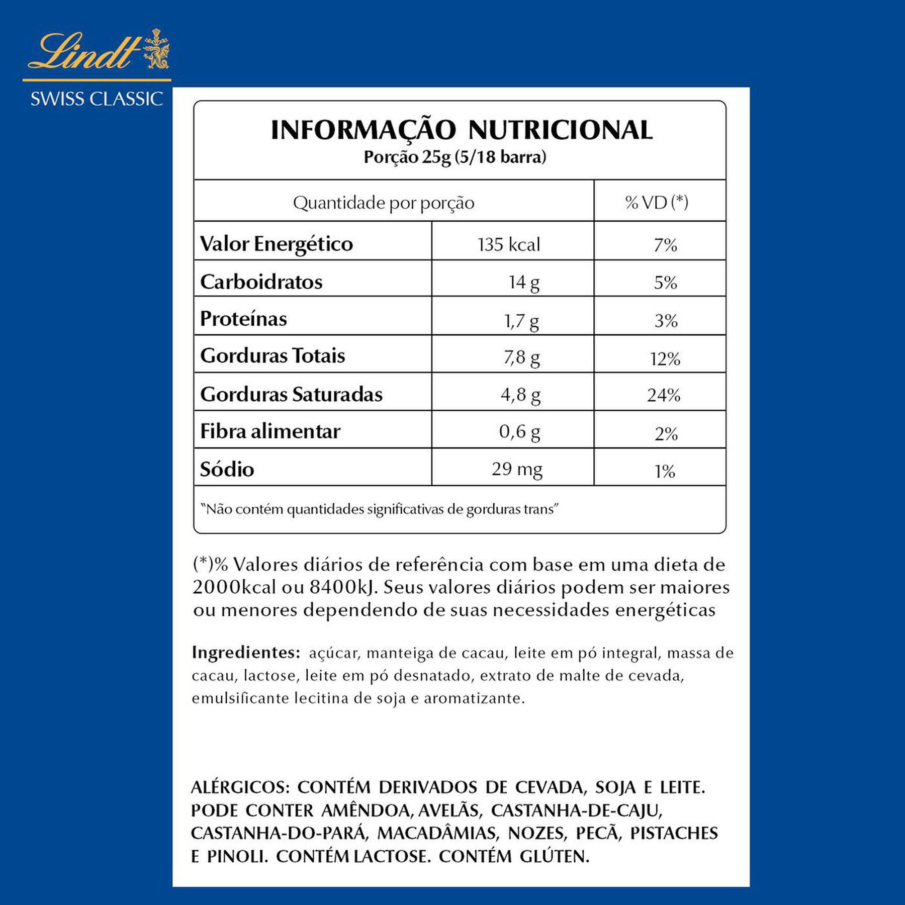 Chocolate Su&iacute;&ccedil;o ao Leite Lindt Swiss Classic Cartucho 100g&nbsp;