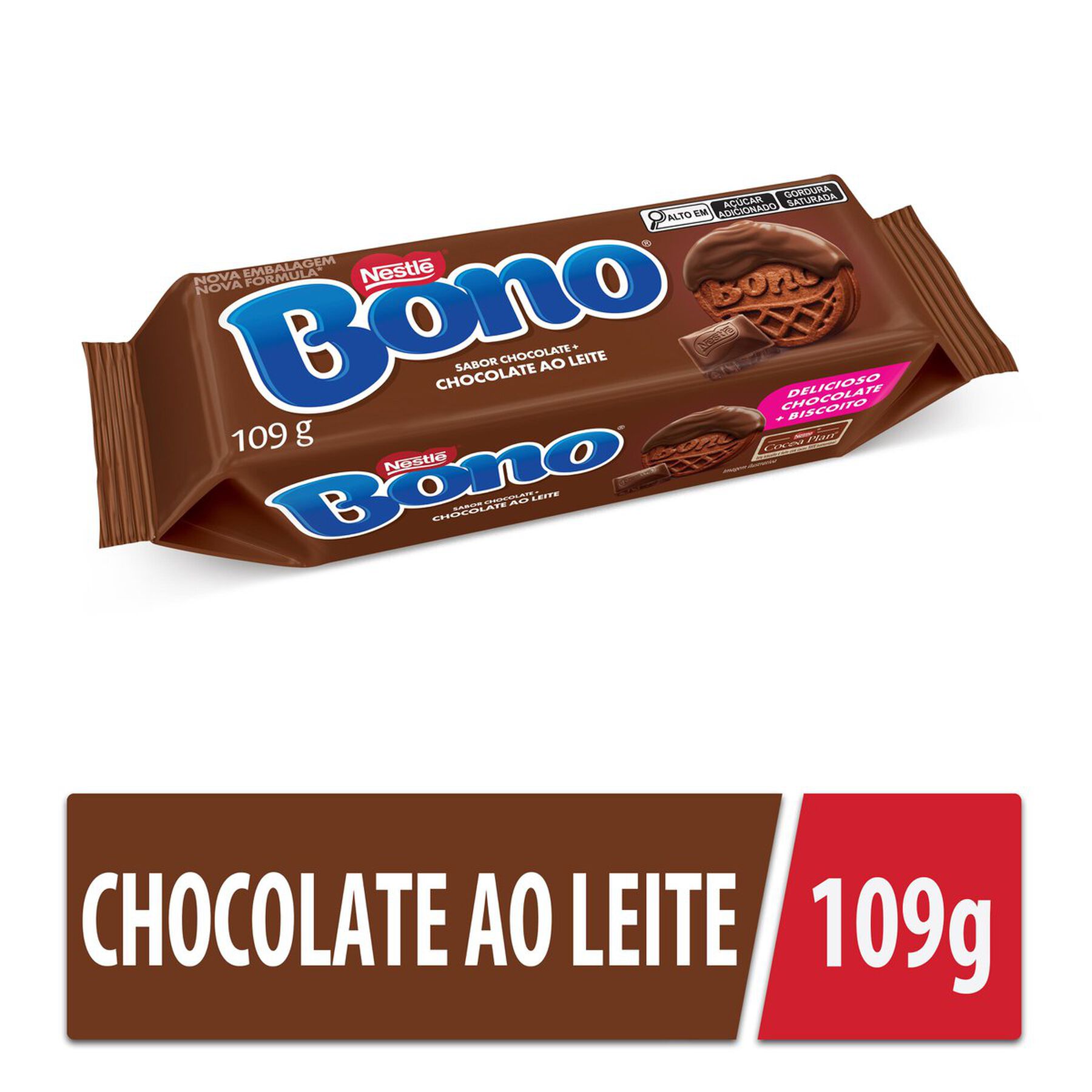 Biscoito Recheio Chocolate Cobertura Chocolate ao Leite Nestlé Bono Pacote 109g