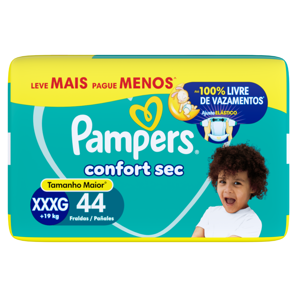 Fralda Descart&aacute;vel Infantil Confort Sec Pampers Tam. XXXG Pacote C/44 Unidades - Embalagem Leve Mais Pague Menos