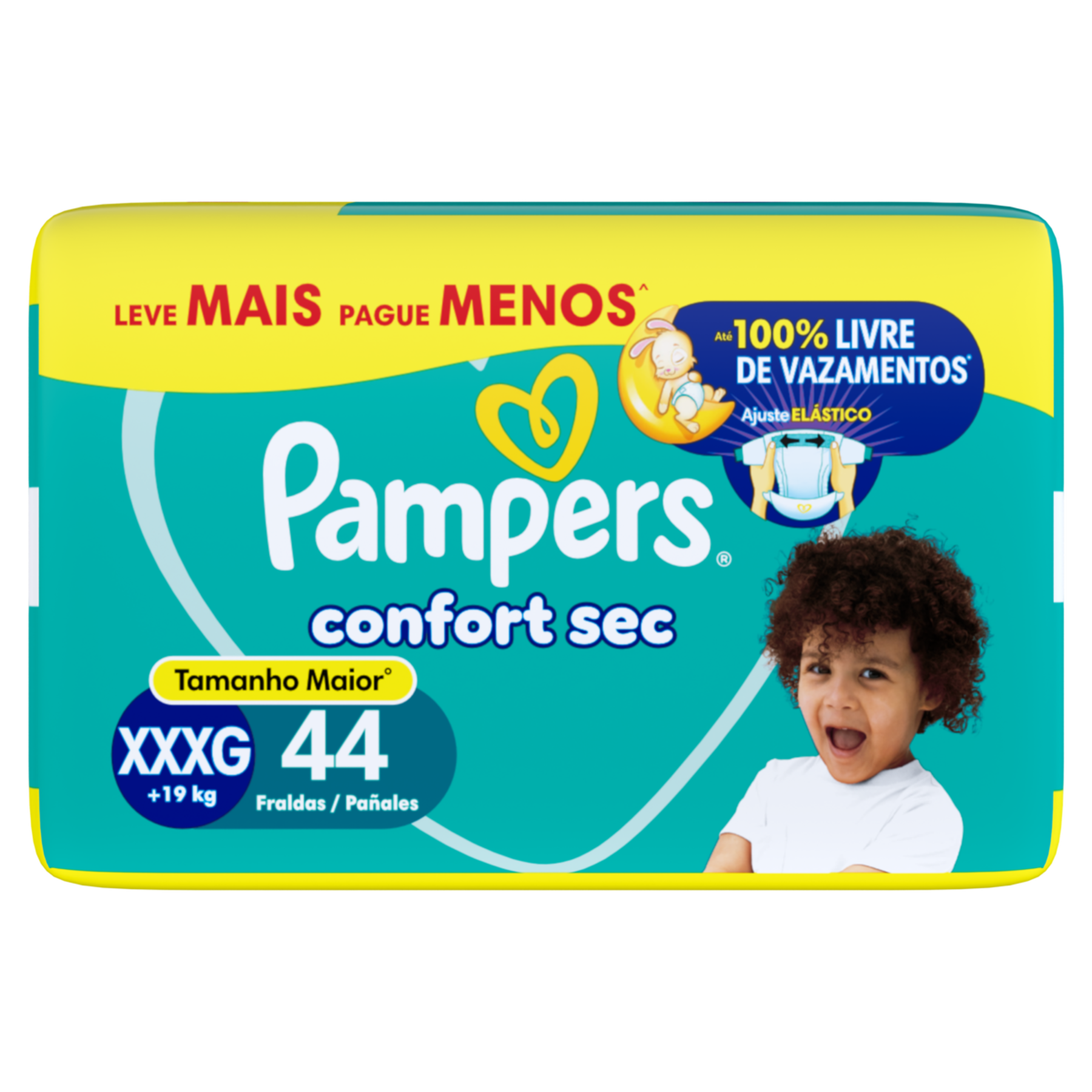 Fralda Descart&aacute;vel Infantil Confort Sec Pampers Tam. XXXG Pacote C/44 Unidades - Embalagem Leve Mais Pague Menos