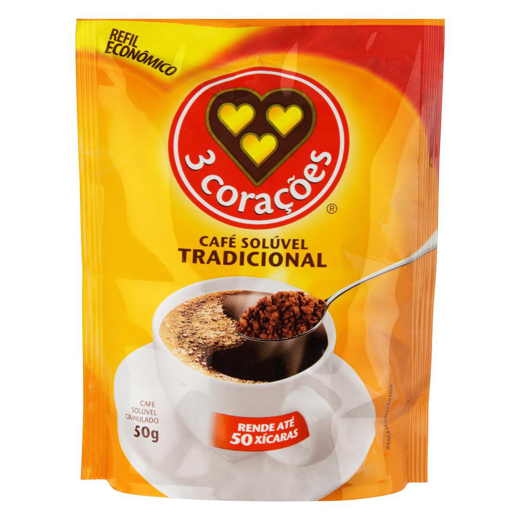 Caf&eacute; Sol&uacute;vel Granulado Tradicional 3 Cora&ccedil;&otilde;es Sach&ecirc; 50g Refil Econ&ocirc;mico