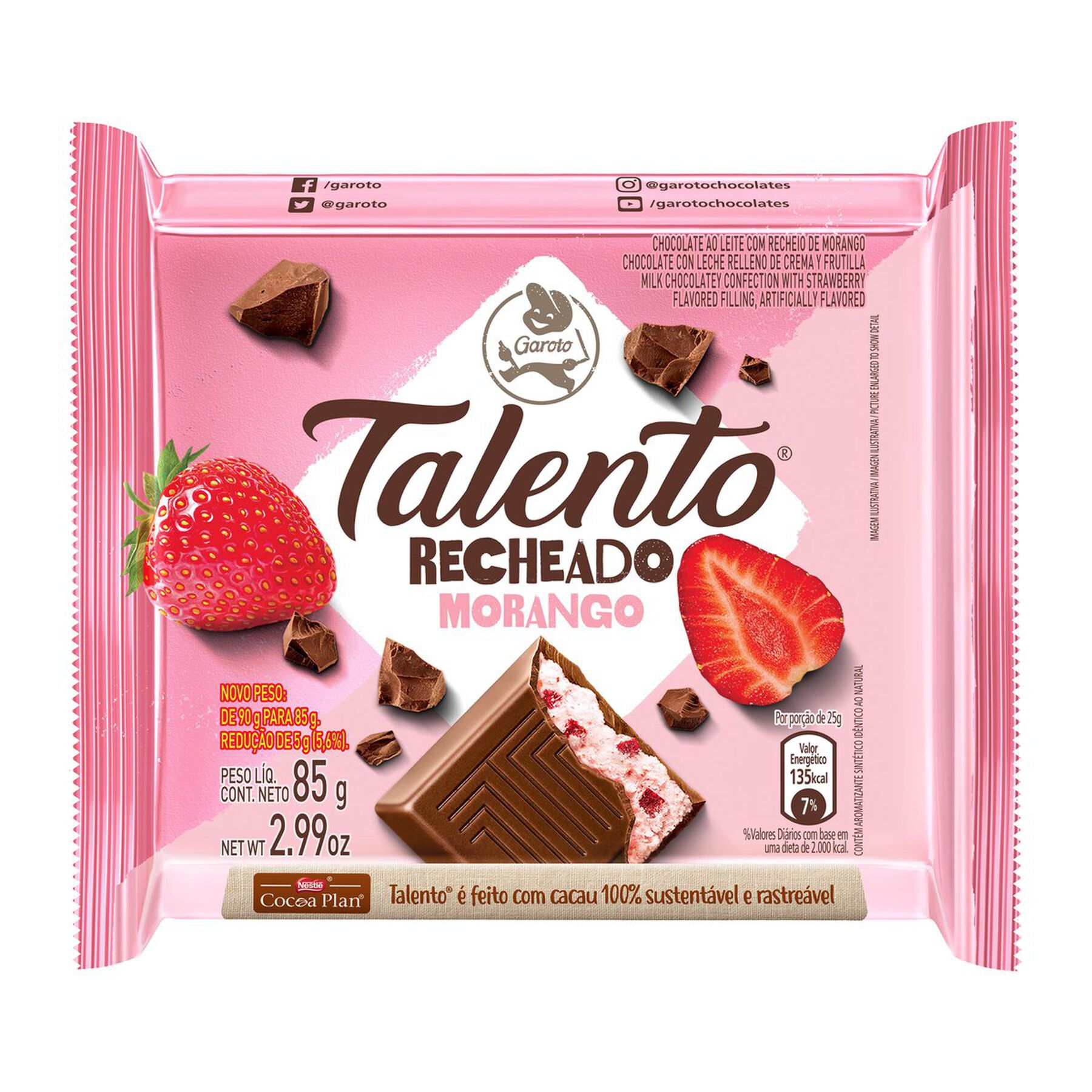Chocolate ao Leite Recheio Morango Garoto Talento Pacote 85g
