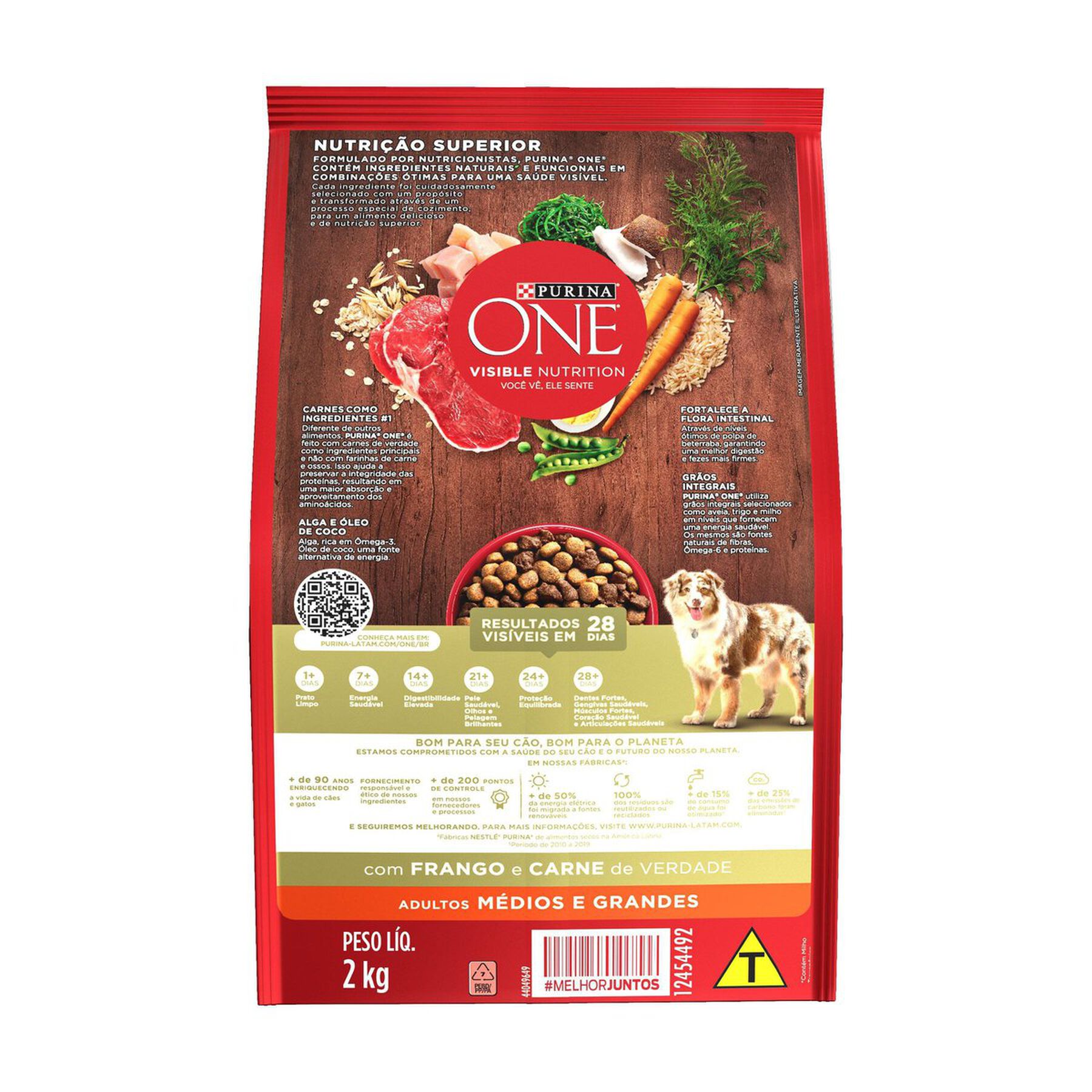 Alimento para Cães Adultos Raças Médias e Grandes Frango e Carne Purina One Visible Nutrition Pacote 2kg