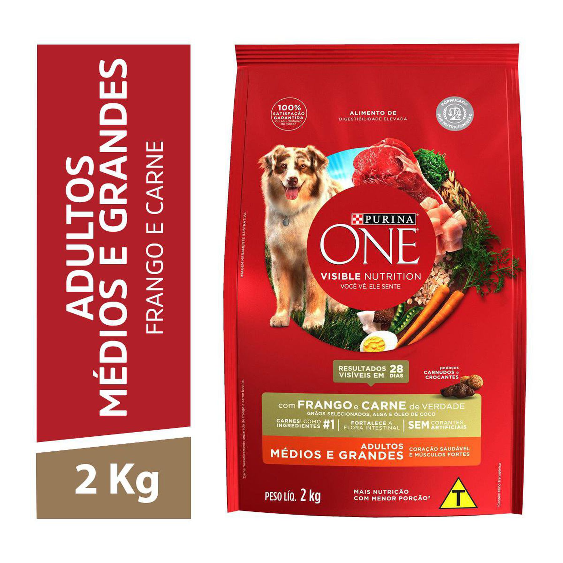Alimento para Cães Adultos Raças Médias e Grandes Frango e Carne Purina One Visible Nutrition Pacote 2kg