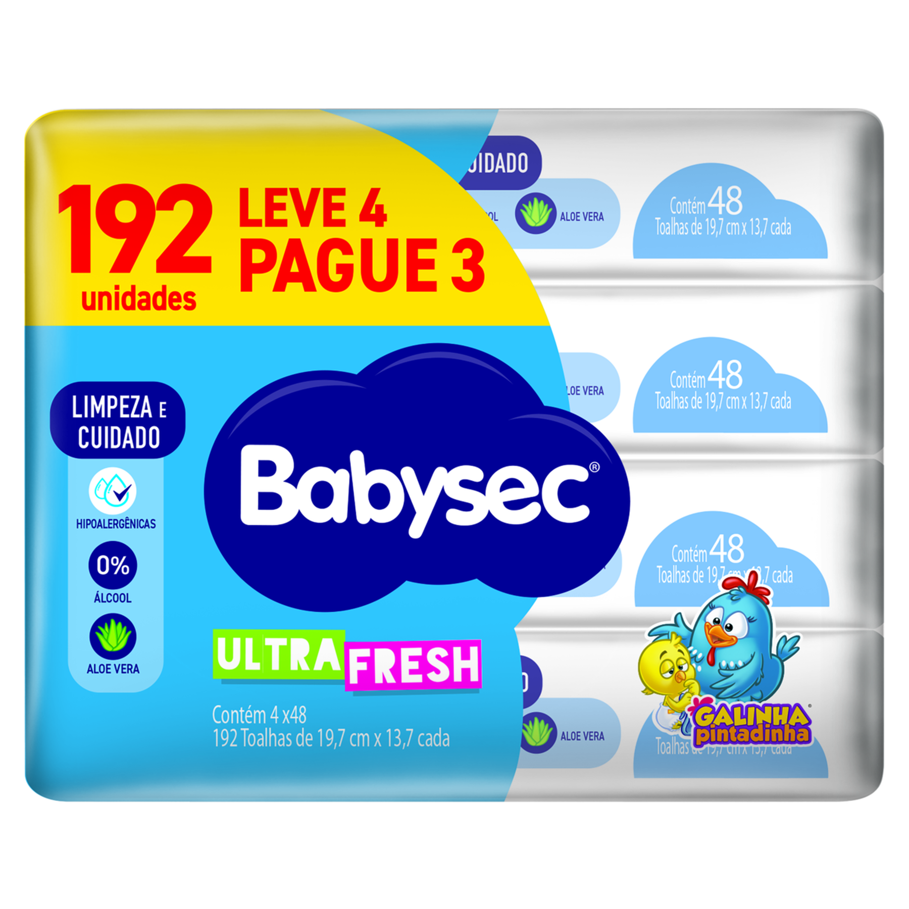 Pack Toalha Umedecida Galinha Pintadinha Babysec Ultrafresh Pacote 48 Folhas Cada Leve 4 Pague 3 Unidades