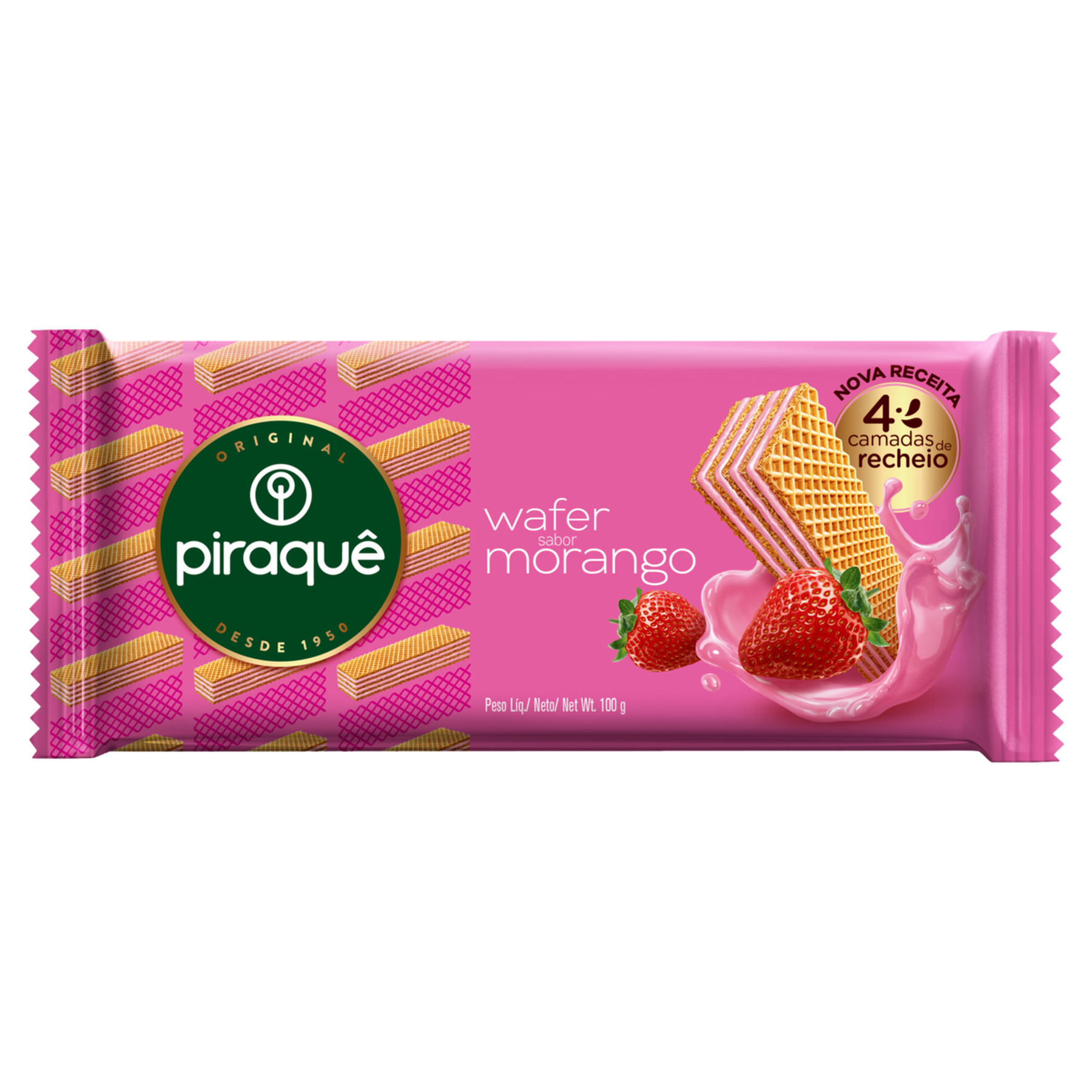 Biscoito Wafer Recheio Morango Piraqu&ecirc; Pacote 100g