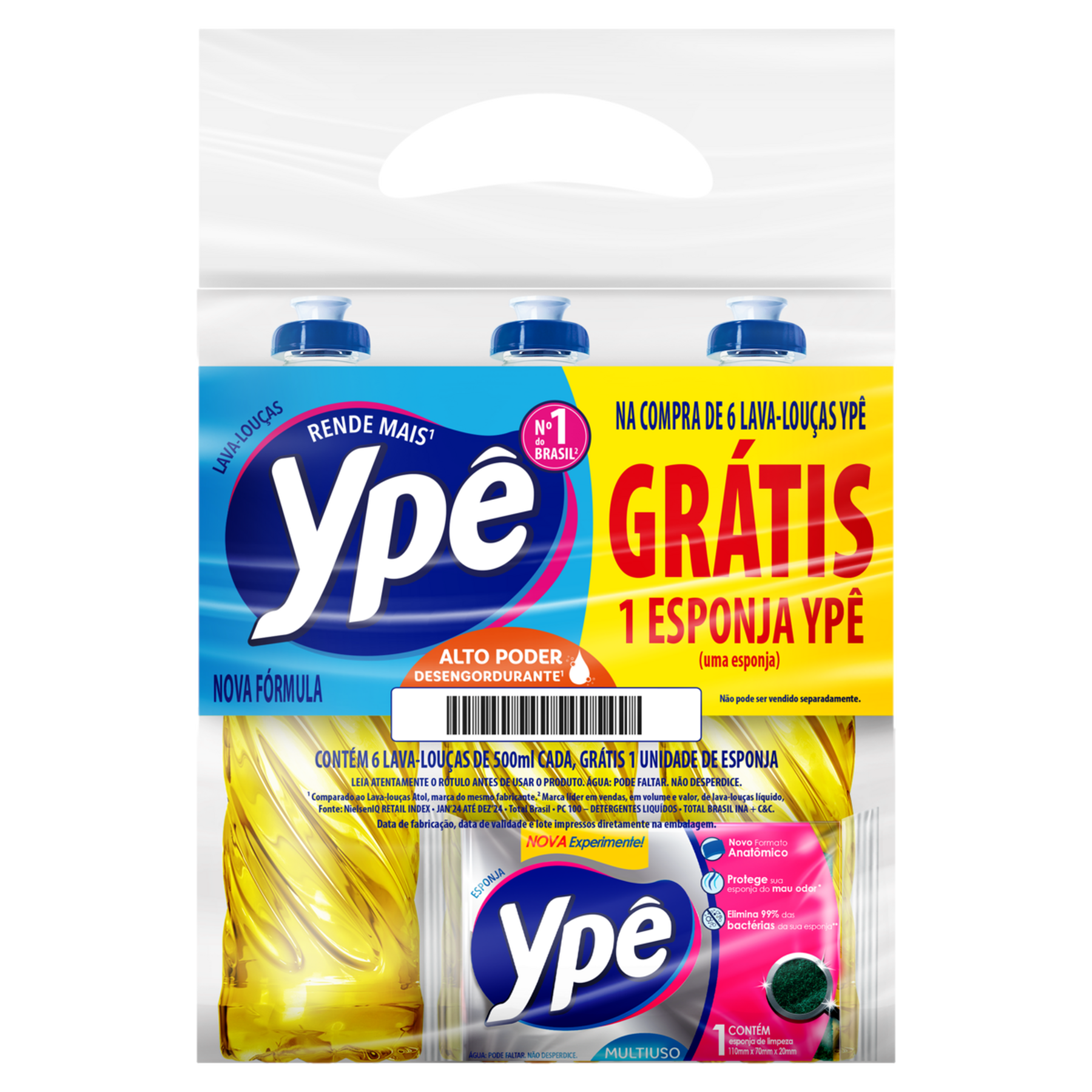 Detergente L&iacute;quido Neutro Yp&ecirc; Squeeze 6x500ml Gr&aacute;tis 1 Esponja Yp&ecirc;&nbsp;