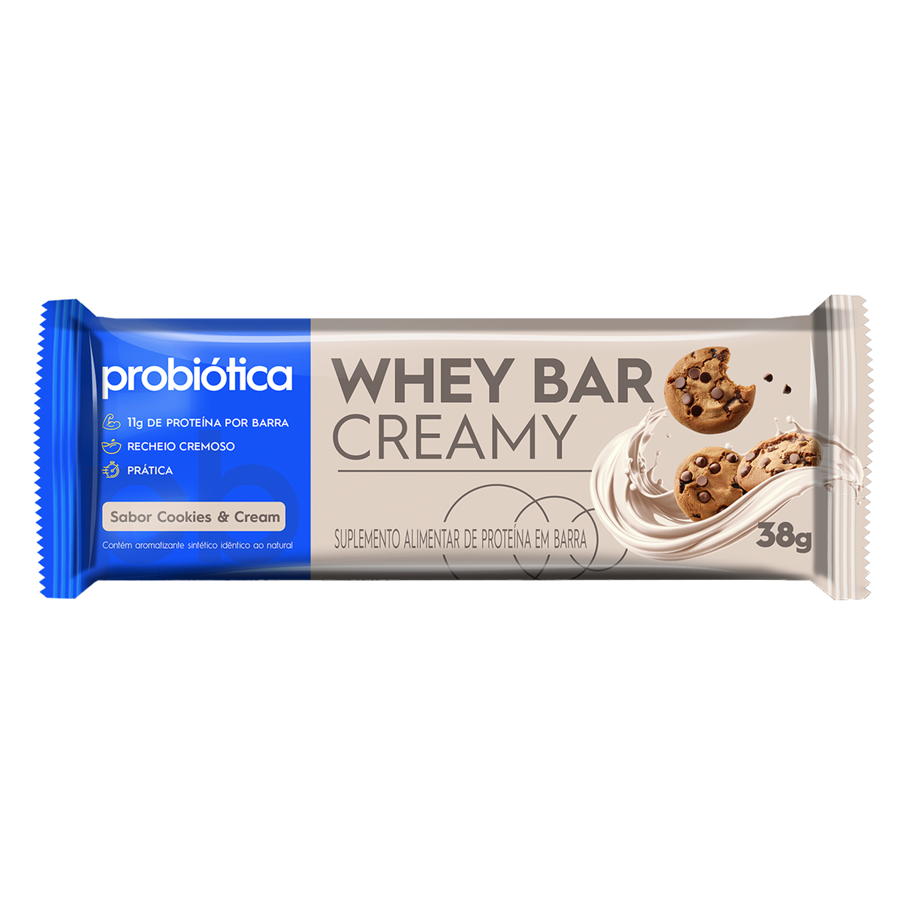 Barra de Prote&iacute;na 11g Cookies e Cream Whey Bar Creamy Probi&oacute;tica 38g