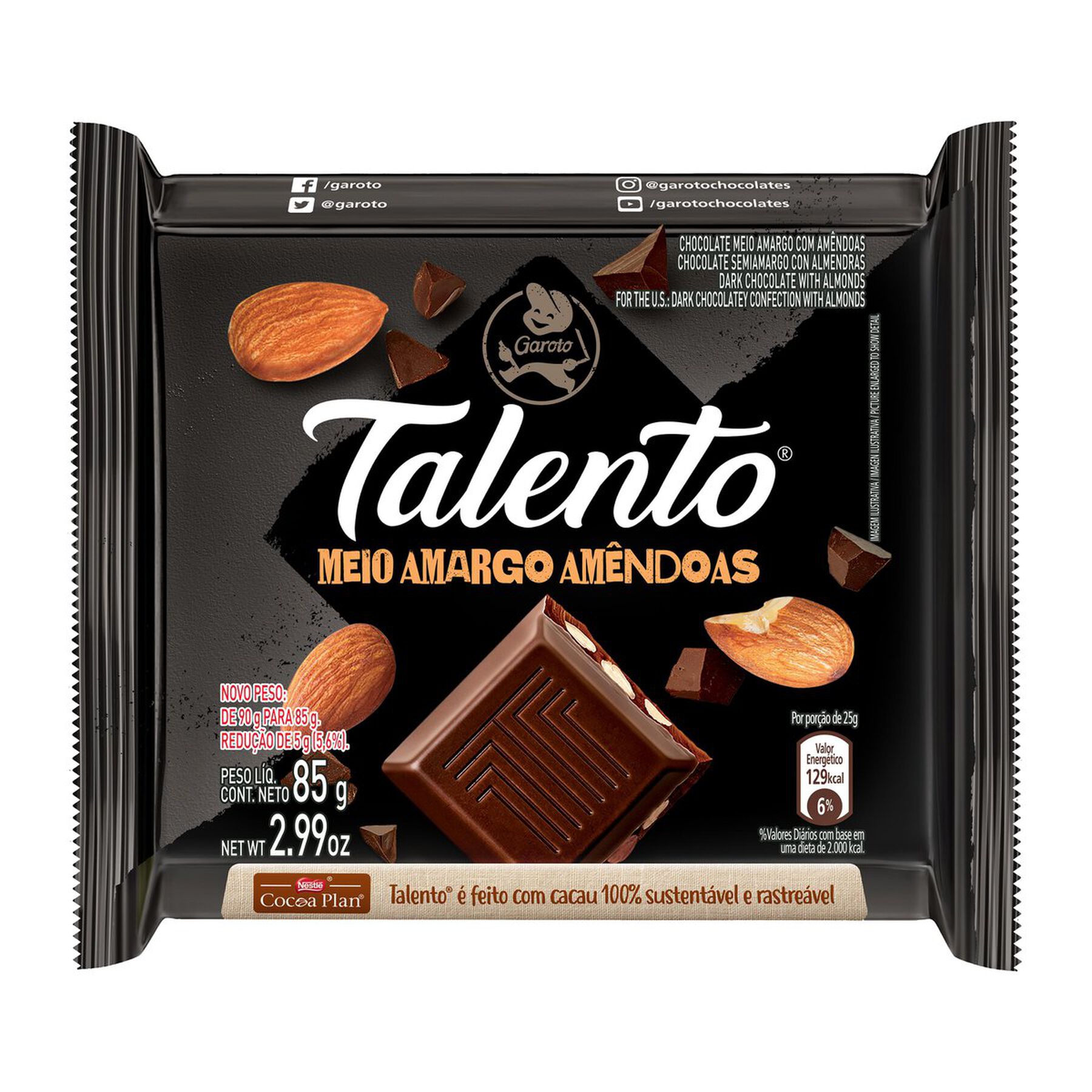 Chocolate Meio Amargo com Amêndoas Garoto Talento Pacote 85g