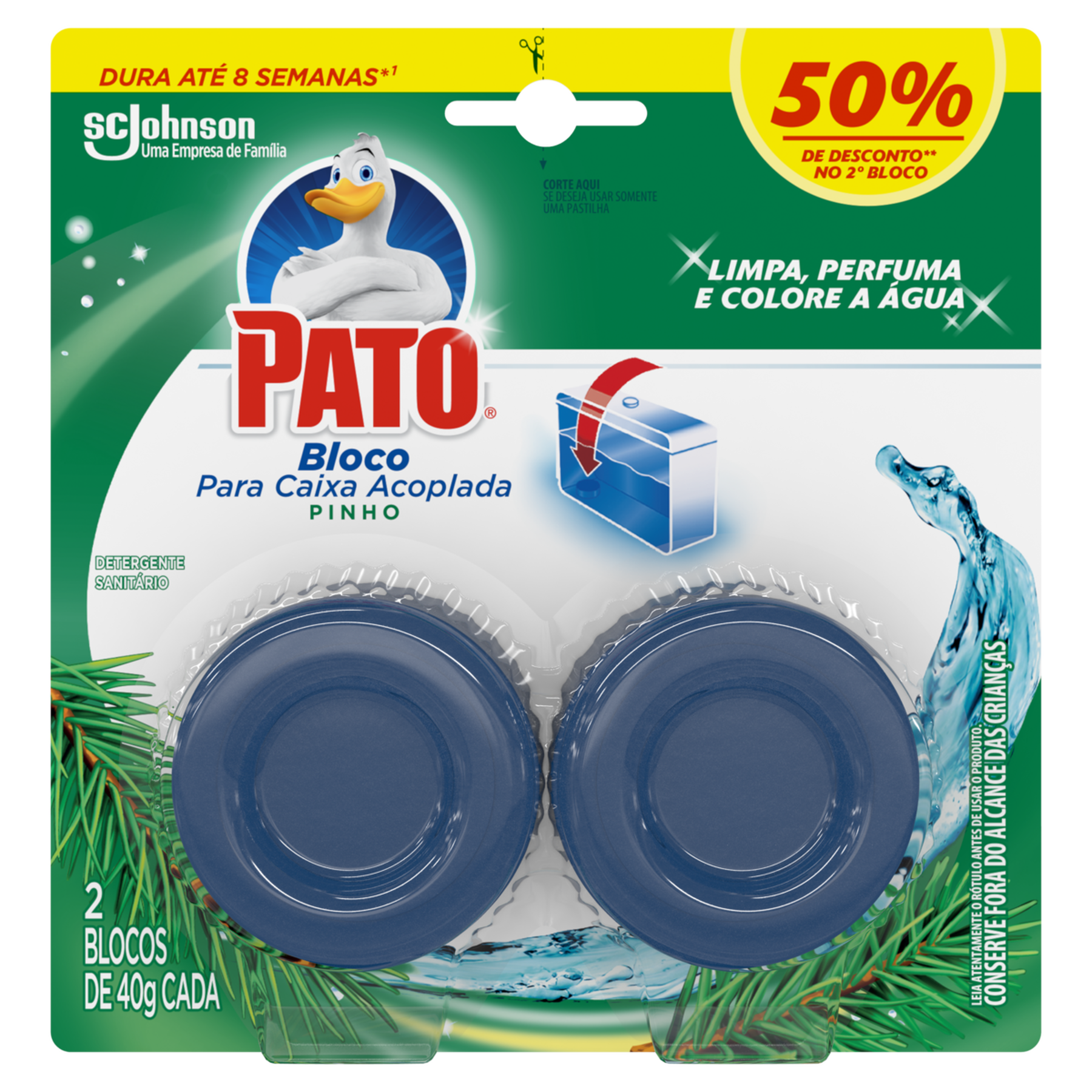 Detergente Sanitário Bloco para Caixa Acoplada Pinho Pato C/2 Unidades 40g Cada - Embalagem Grátis 50% de Desconto no 2° Bloco