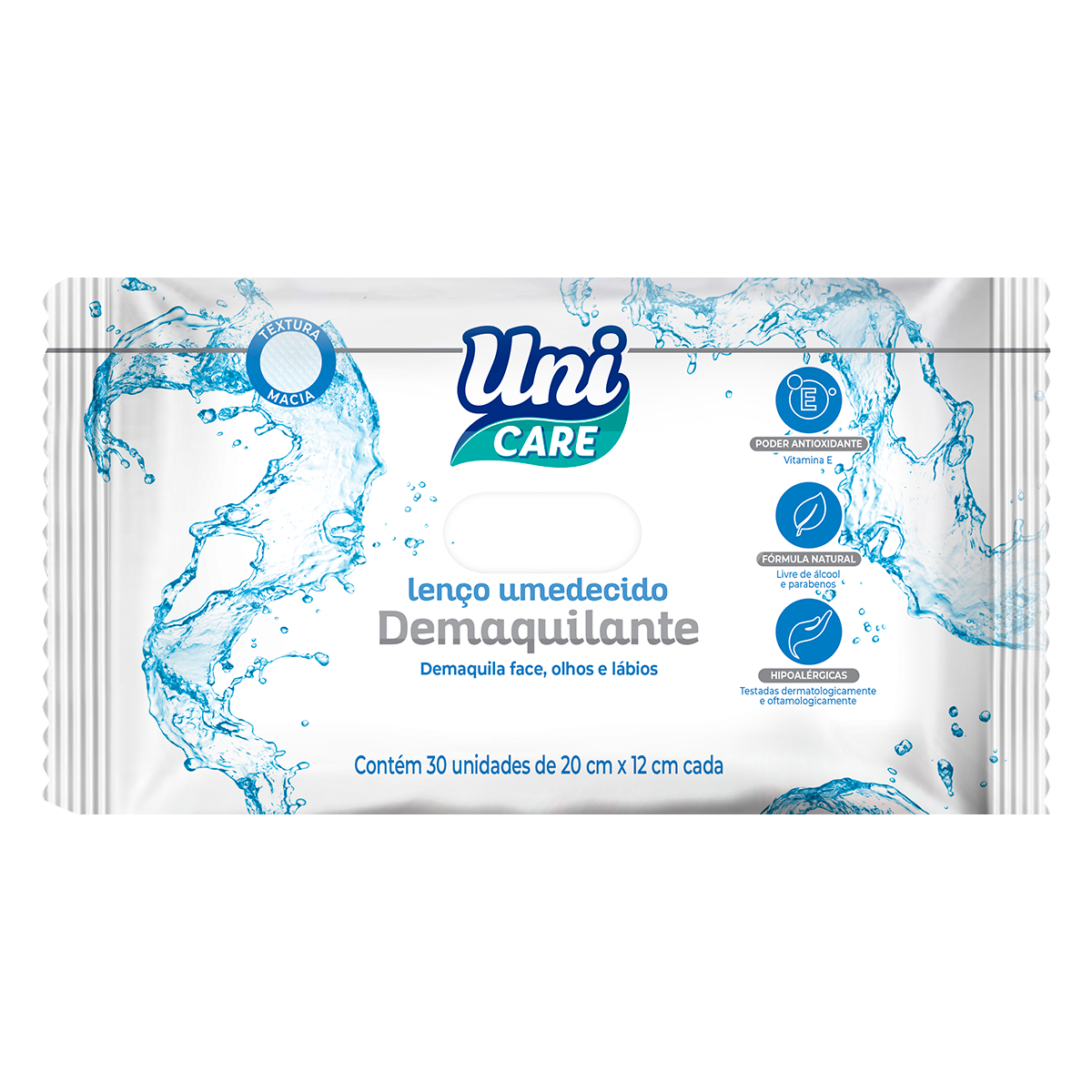 Len&ccedil;o Umedecido Demaquilante Uni Care 20x12cm C/30 Unidades