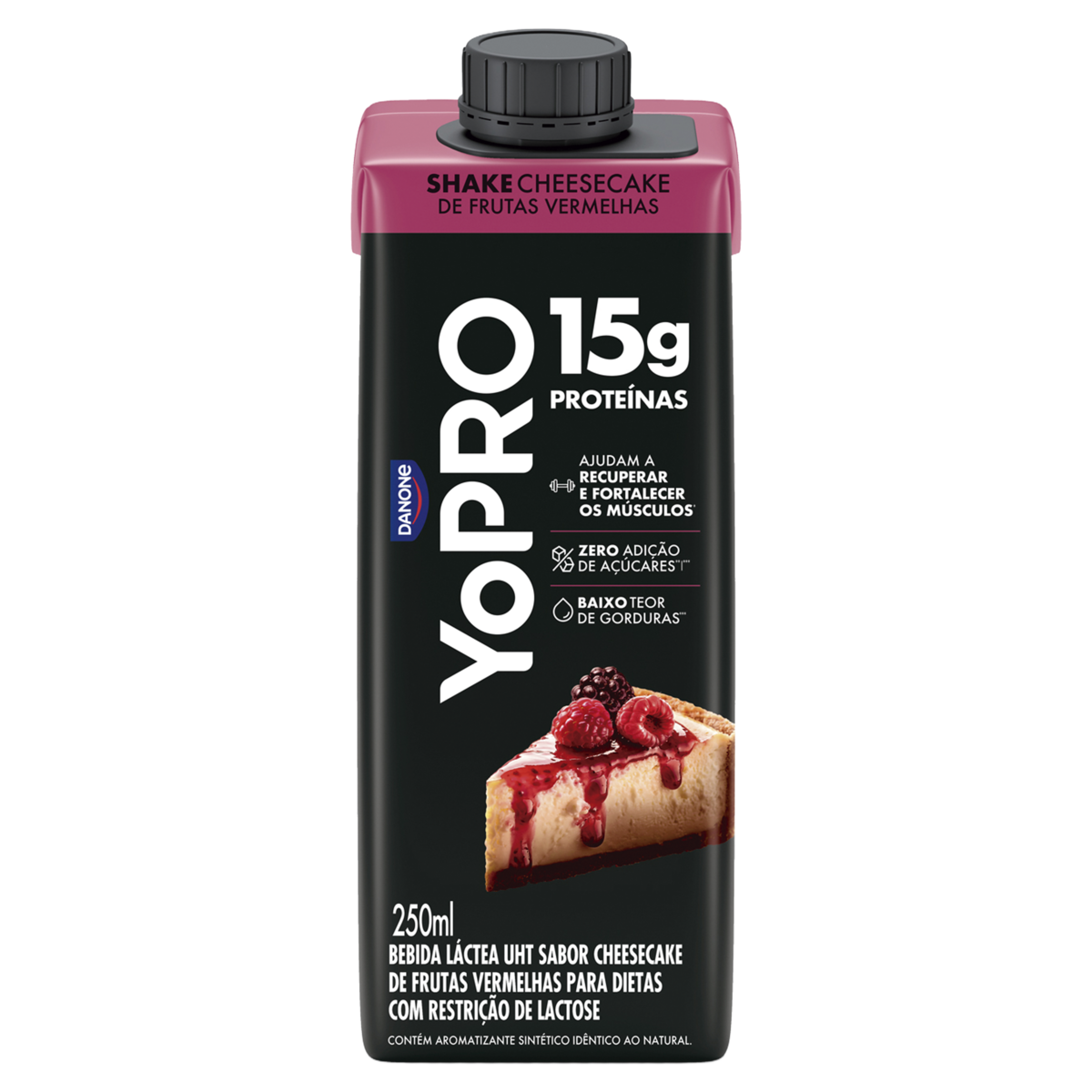 Bebida L&aacute;ctea UHT Shake Cheesecake de Frutas Vermelhas 15g Prote&iacute;nas Yopro Caixa 250ml