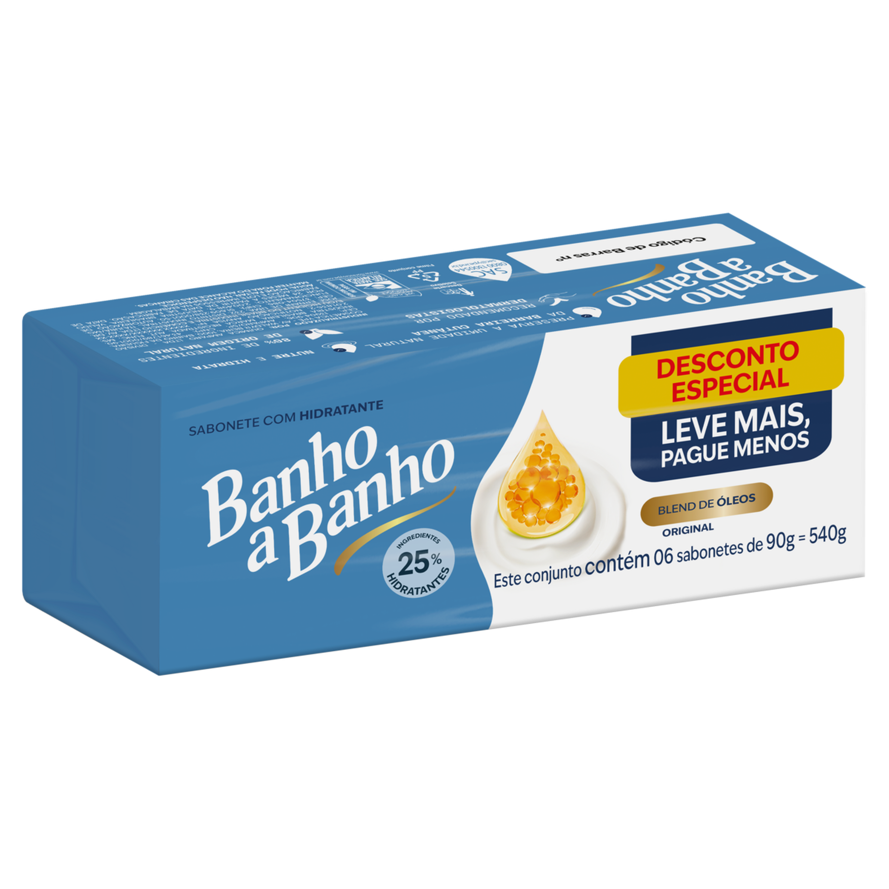 Sabonete em Barra Hidratante Original Banho a Banho Envolt&oacute;rio 540g C/6 Unidades - Embalagem Leve Mais Pague Menos