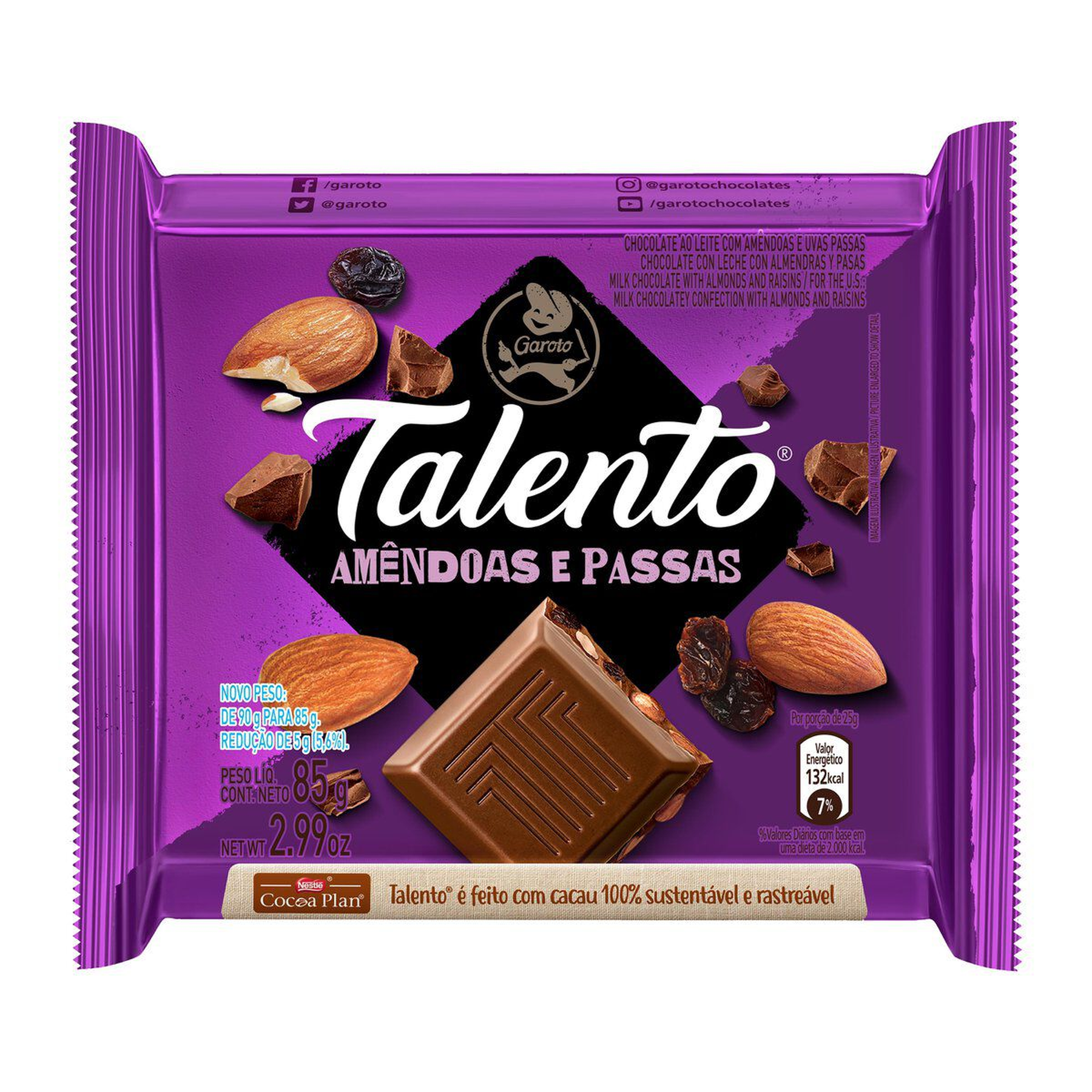 Chocolate ao Leite com Am&ecirc;ndoas e Passas Garoto Talento Pacote 85g&nbsp;