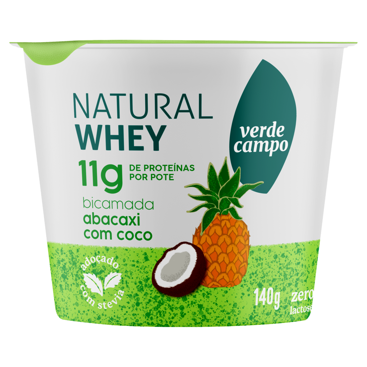 Iogurte Bicamada Abacaxi com Coco Natural Whey 11g Verde Campo Pote 140g