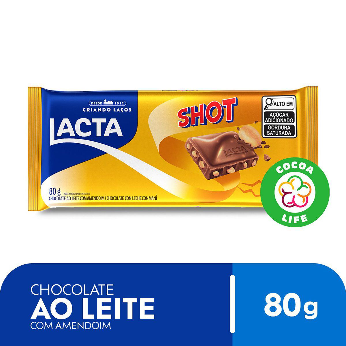 Barra de Chocolate ao Leite com Amendoim Shot Lacta Pacote 80g