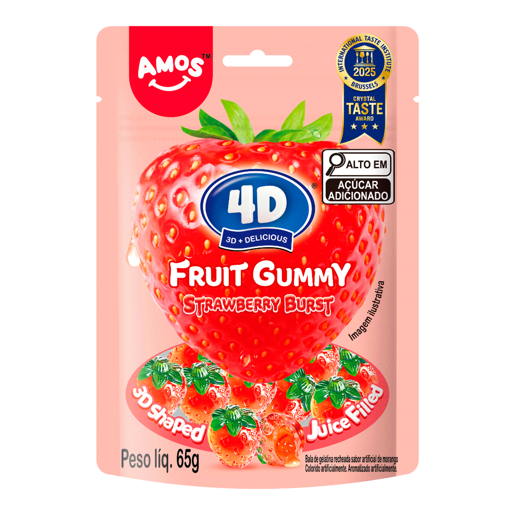 Bala de Gelatina 4D Morango Fruit Gummy Amos Pacote 65g