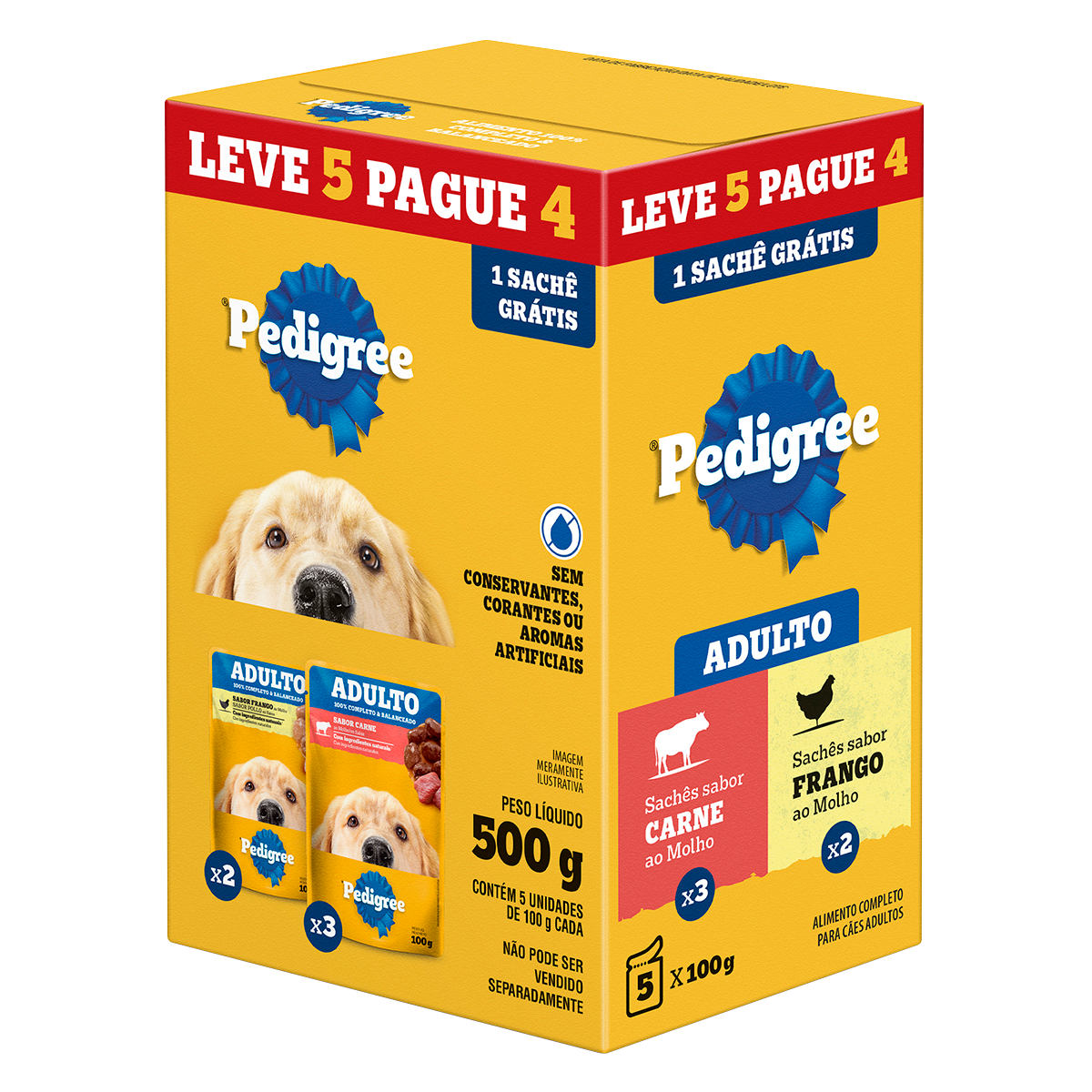 Alimentos para C&atilde;es Adultos (3 Carne + 2 Frango) Pedigree Caixa 500g - Embalagem Leve 5 Pague 4