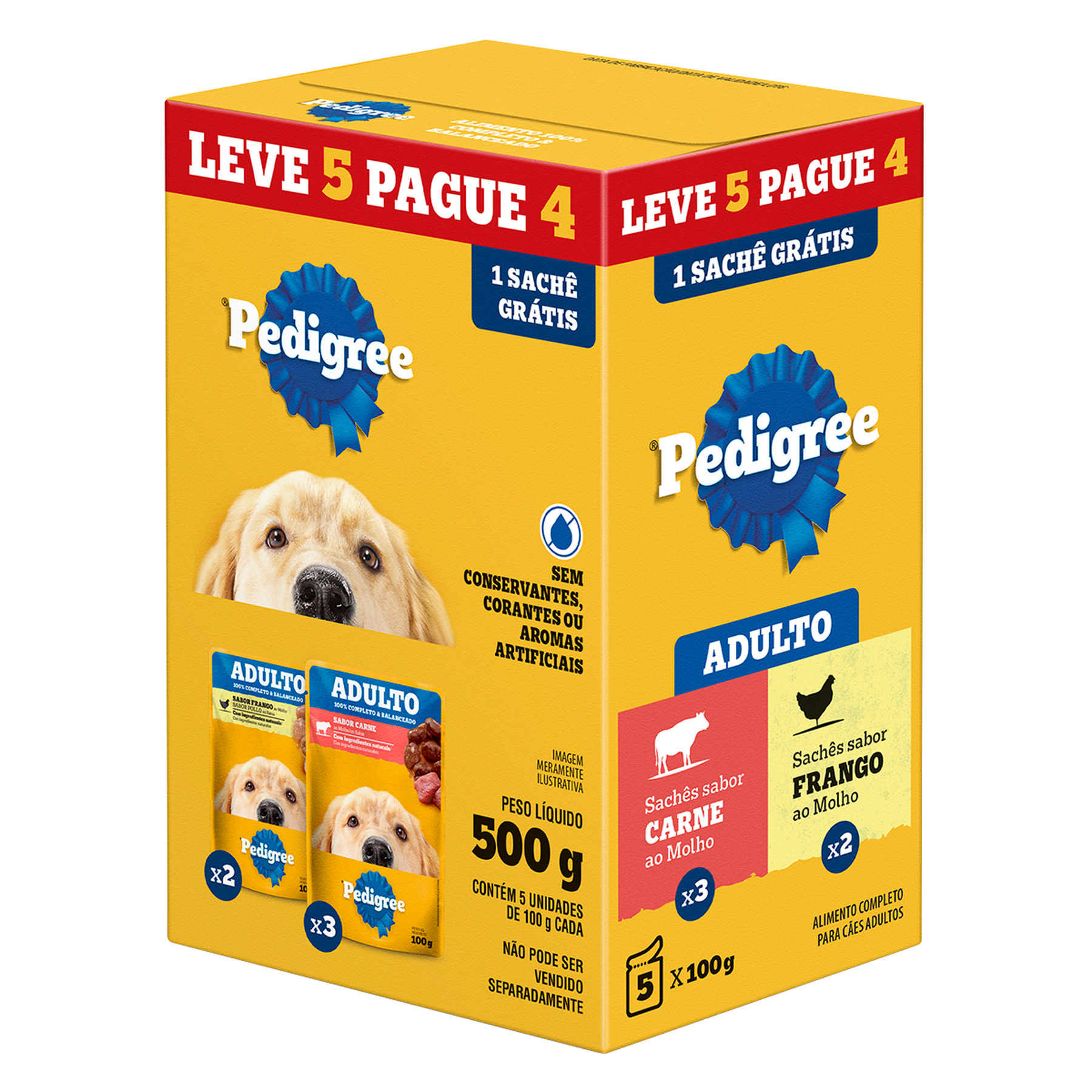 Alimentos para Cães Adultos (3 Carne + 2 Frango) Pedigree Caixa 500g - Embalagem Leve 5 Pague 4