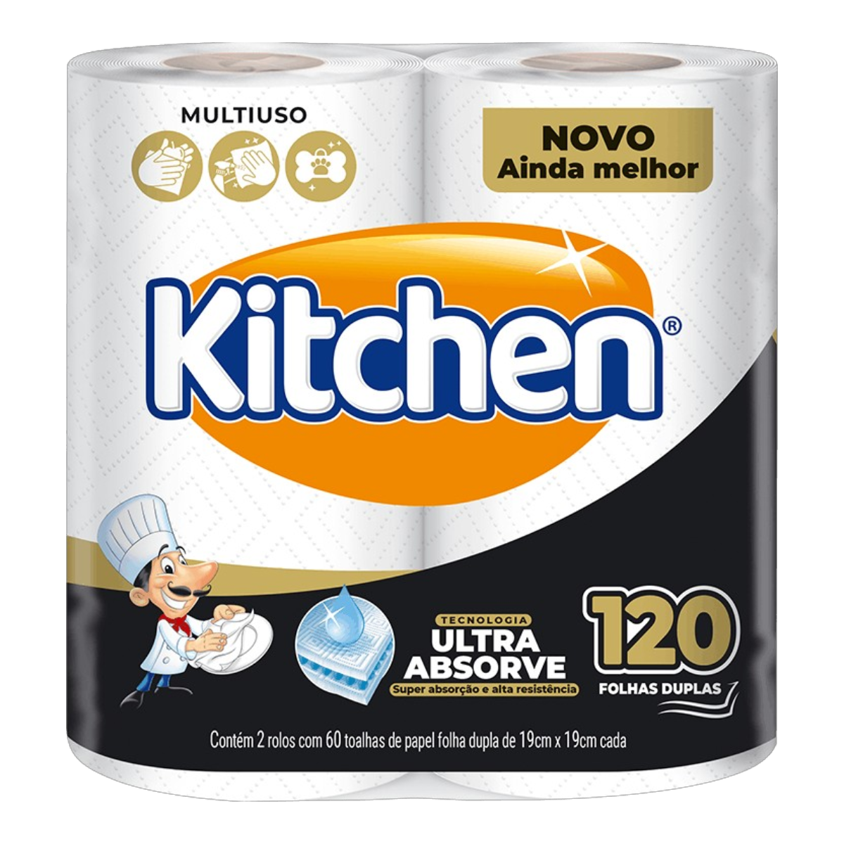 Toalha de Papel Folha Dupla Multiuso Kitchen Ultra Absorve Pacote 2 Unidades 60 Folhas Cada