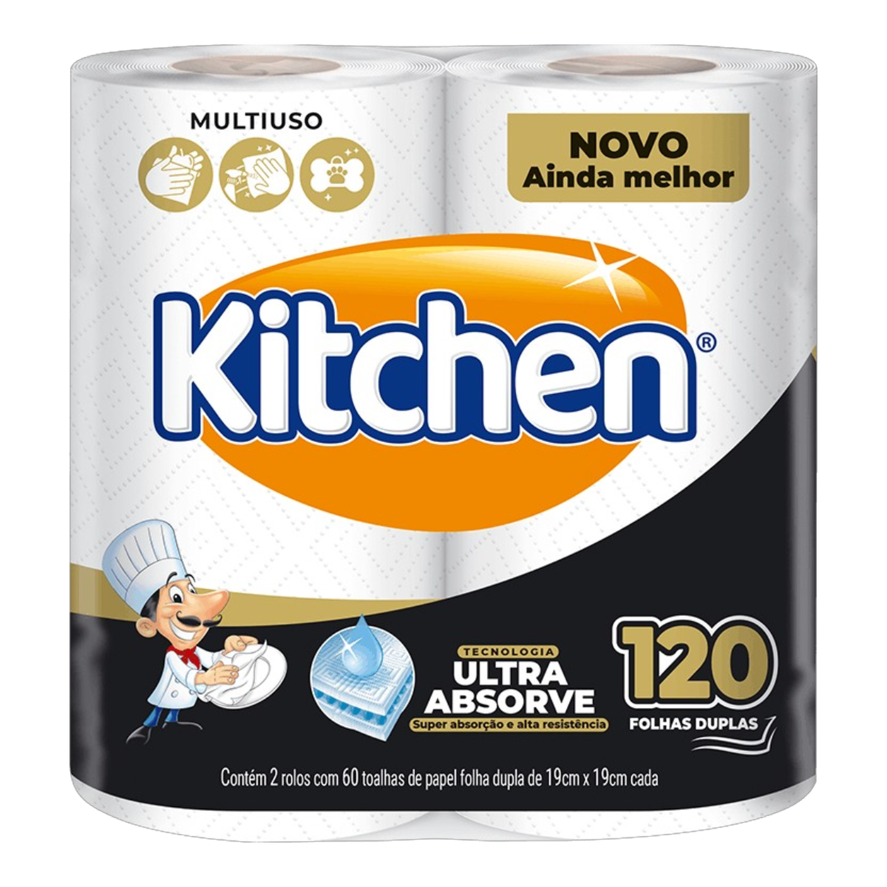 Toalha de Papel Folha Dupla Multiuso Kitchen Ultra Absorve Pacote 2 Unidades 60 Folhas Cada