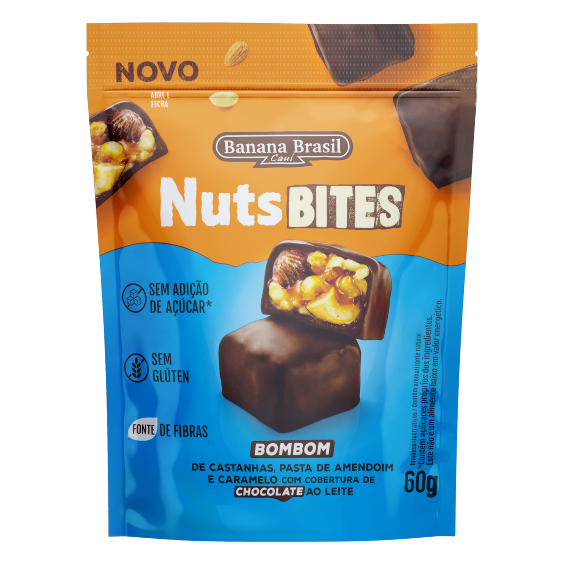 Bombom de Castanhas, Pasta de Amendoim e Caramelo c/ Cobertura de Chocolate Ao Leite Nuts Bites Banana Brasil 60g