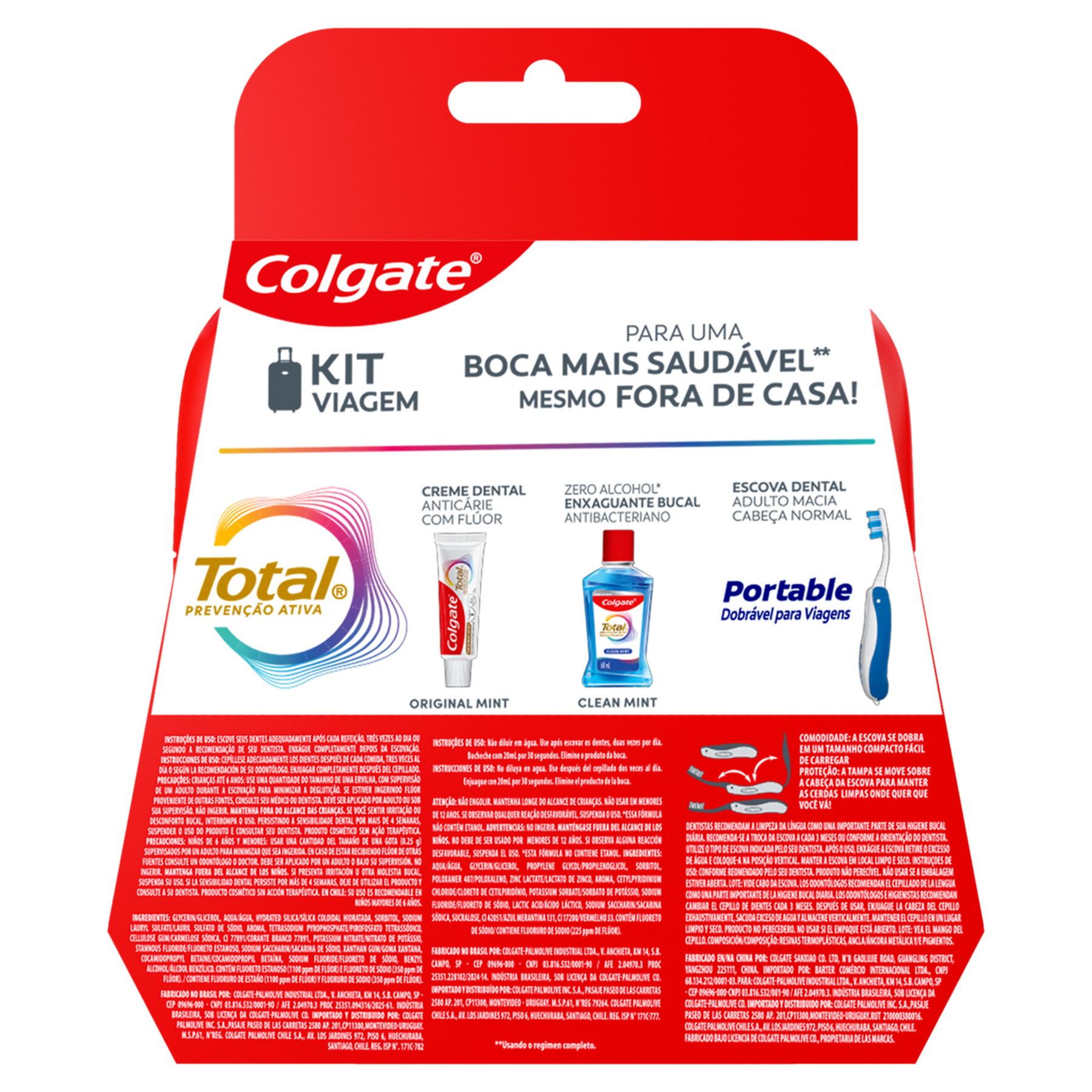Kit Estojo + Creme Dental Antic&aacute;rie Original Mint 30g + Enxaguante Bucal Antibacteriano Clean Mint 60ml Preven&ccedil;&atilde;o Ativa + Escova Dental Macia Cabe&ccedil;a Normal Colgate Total&nbsp;
