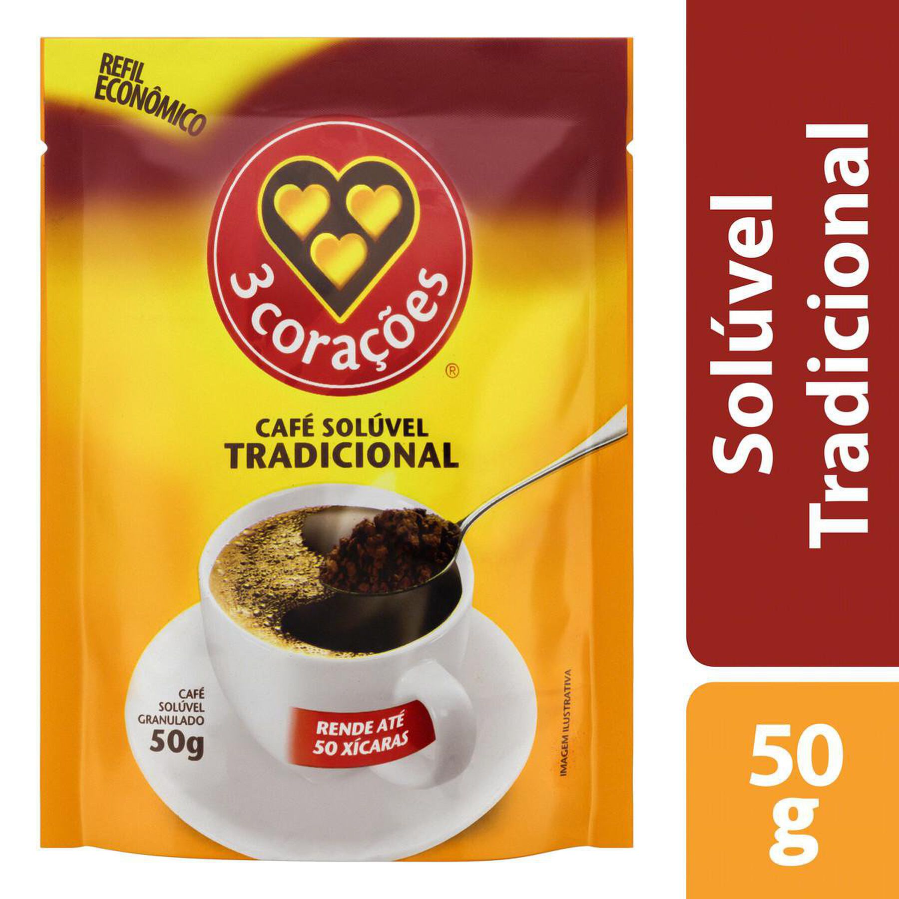 Caf&eacute; Sol&uacute;vel Granulado Tradicional 3 Cora&ccedil;&otilde;es Sach&ecirc; 50g Refil Econ&ocirc;mico