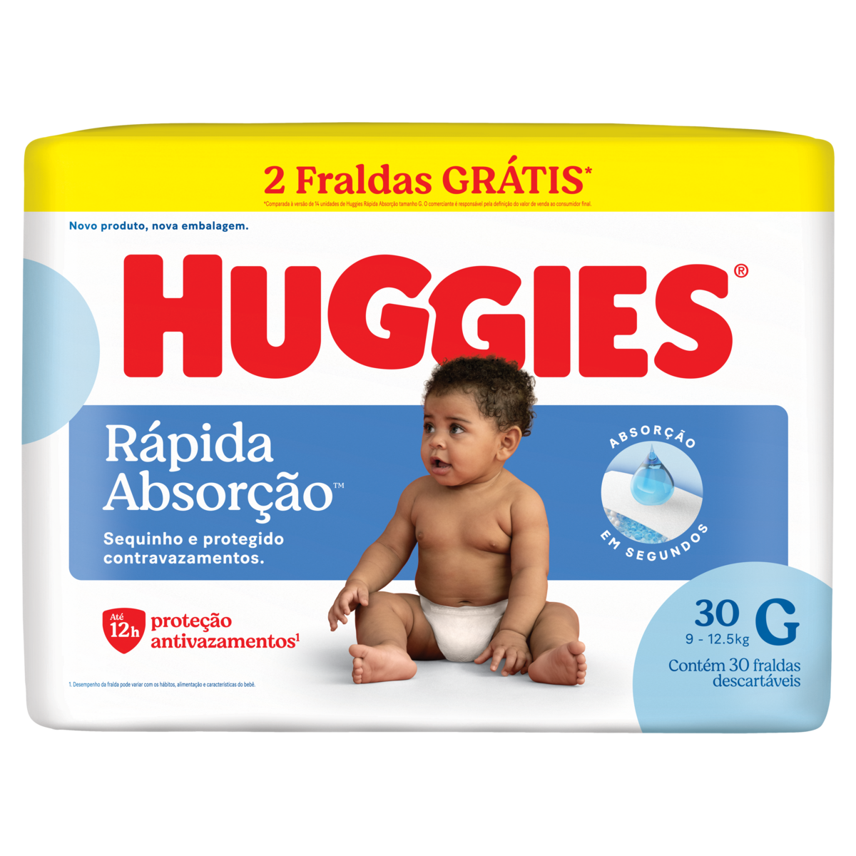 Fralda Descart&aacute;vel Infantil R&aacute;pida Absor&ccedil;&atilde;o Huggies G Pacote C/30 Unidades - Embalagem Gr&aacute;tis 2 Fraldas