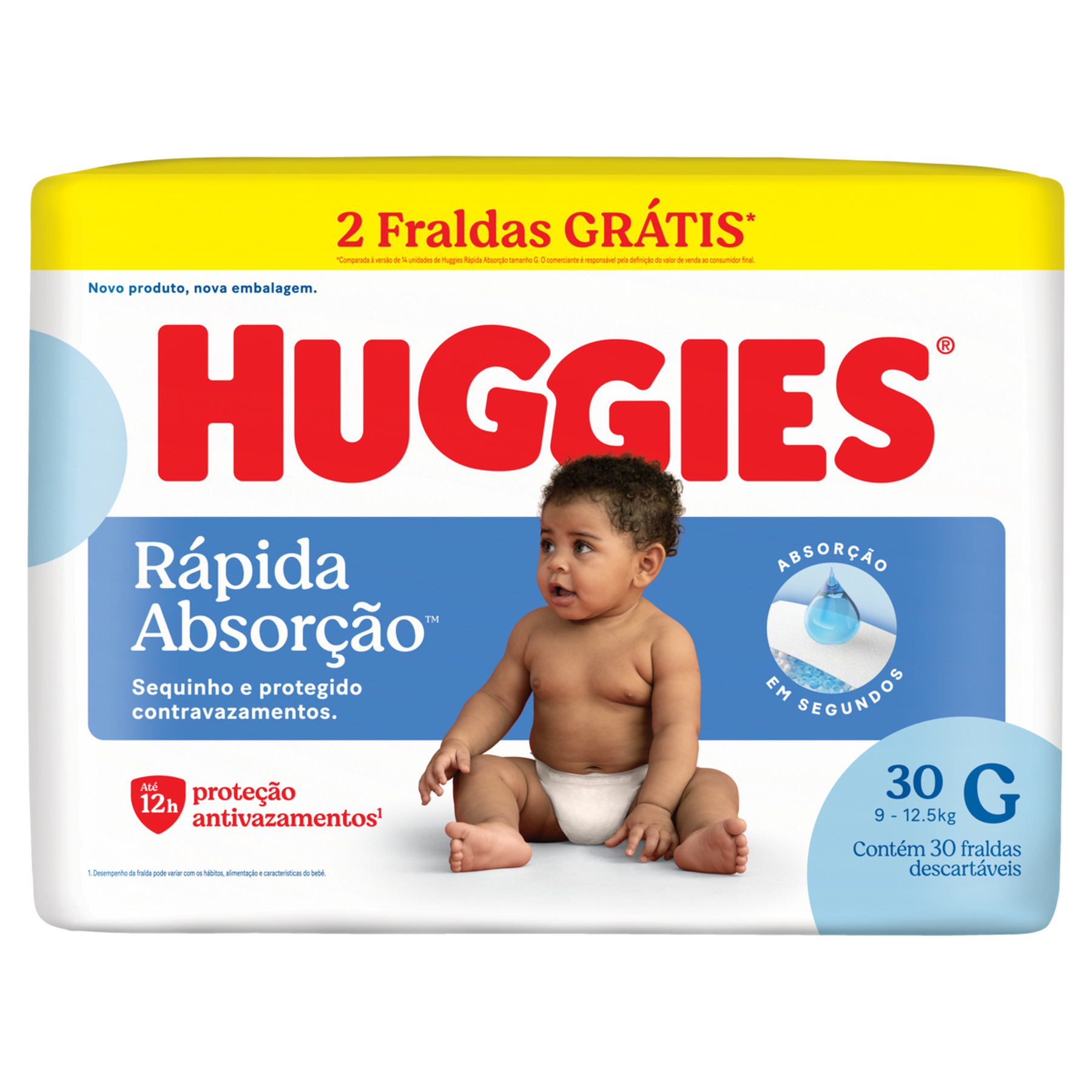 Fralda Descart&aacute;vel Infantil R&aacute;pida Absor&ccedil;&atilde;o Huggies G Pacote C/30 Unidades - Embalagem Gr&aacute;tis 2 Fraldas