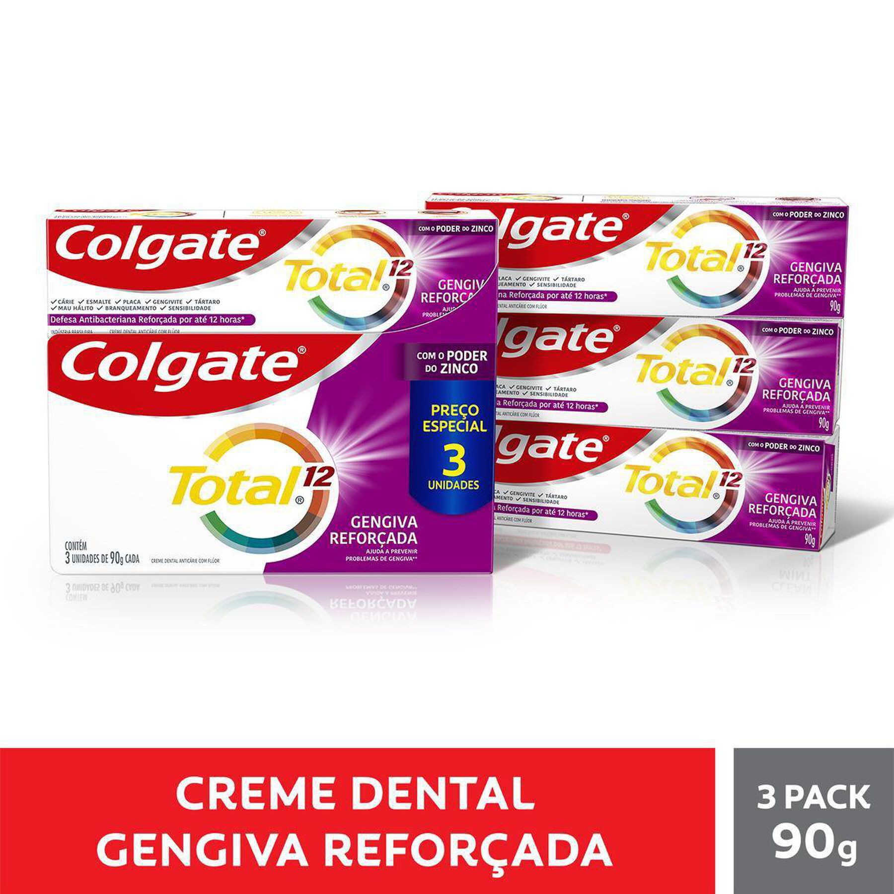 Creme Dental Colgate Total 12 Gengiva Reforçada 3 unid 90g Preço Especial