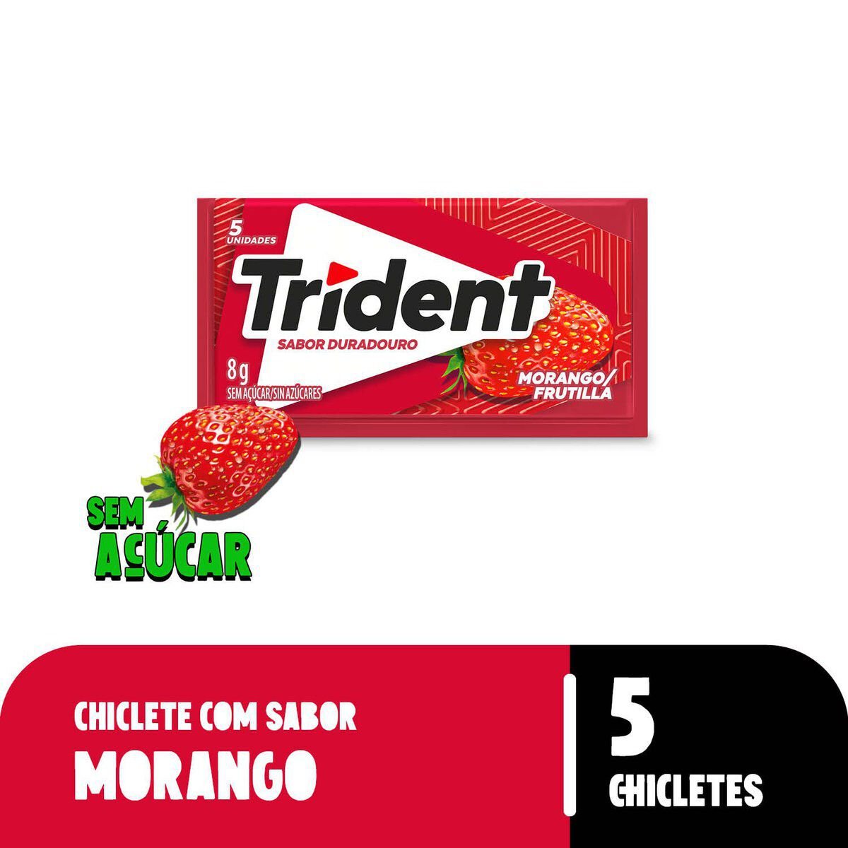 Chiclete Trident Morango Sem A&ccedil;&uacute;car 8g - Embalagem com 5 unid.