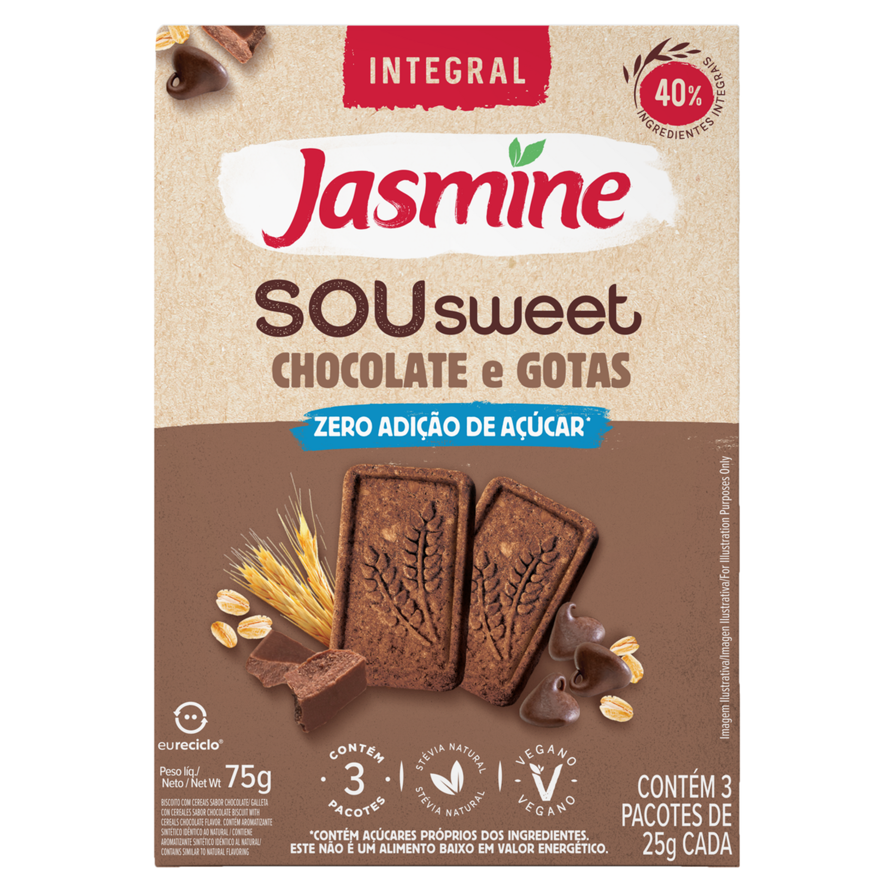 Biscoito Vegano Integral Chocolate e Gotas Jasmine Sou Sweet Caixa 75g
