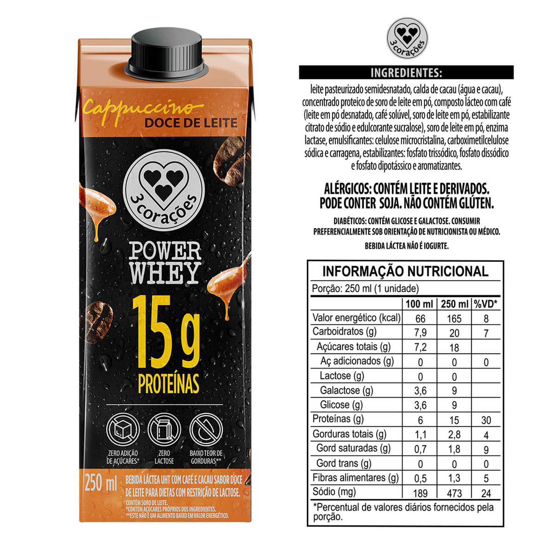 Bebida Láctea UHT Cappuccino Doce de Leite Power Whey 3 Corações Caixa 250ml