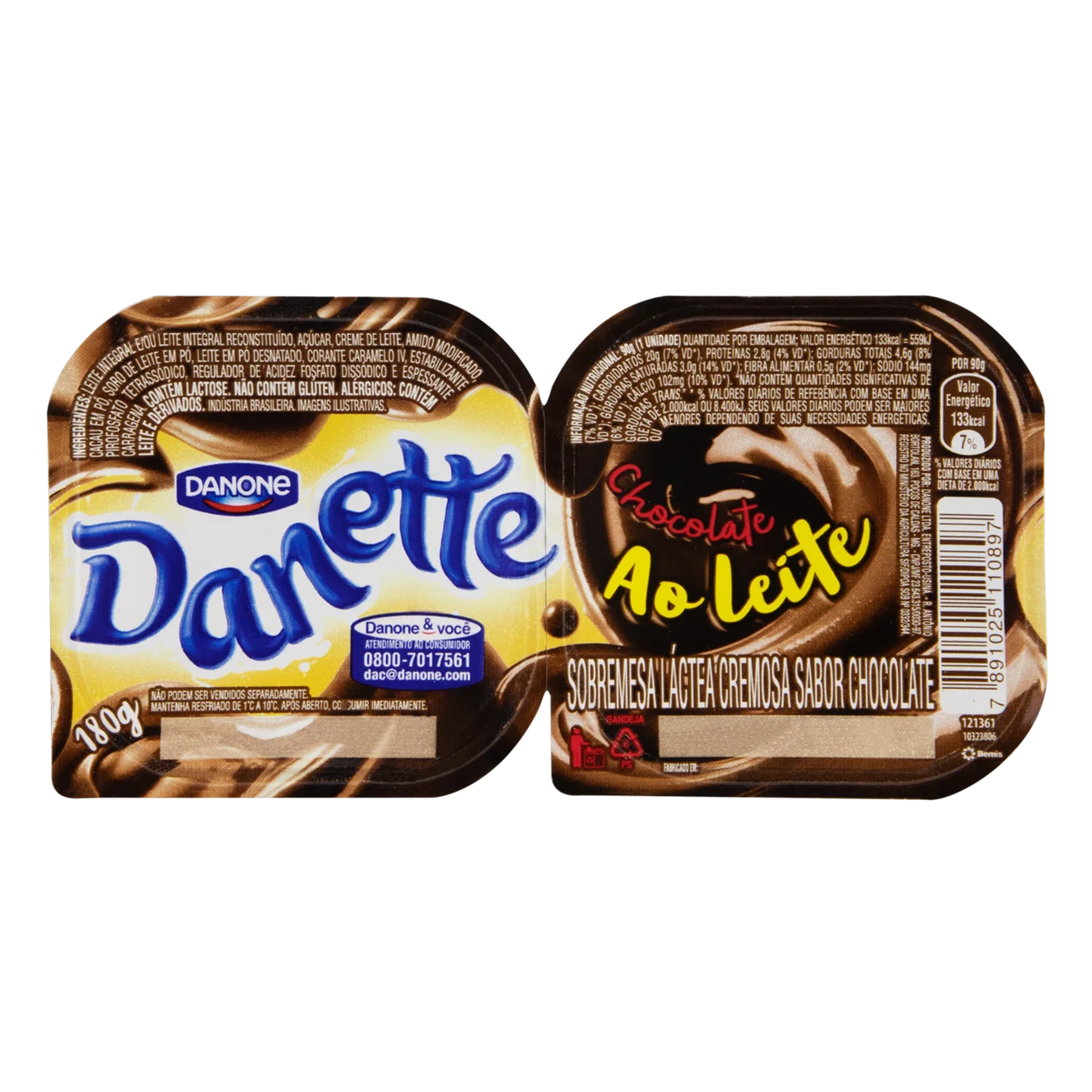 Sobremesa L&aacute;ctea Chocolate ao Leite Danette Bandeja 180g 2 Unidades