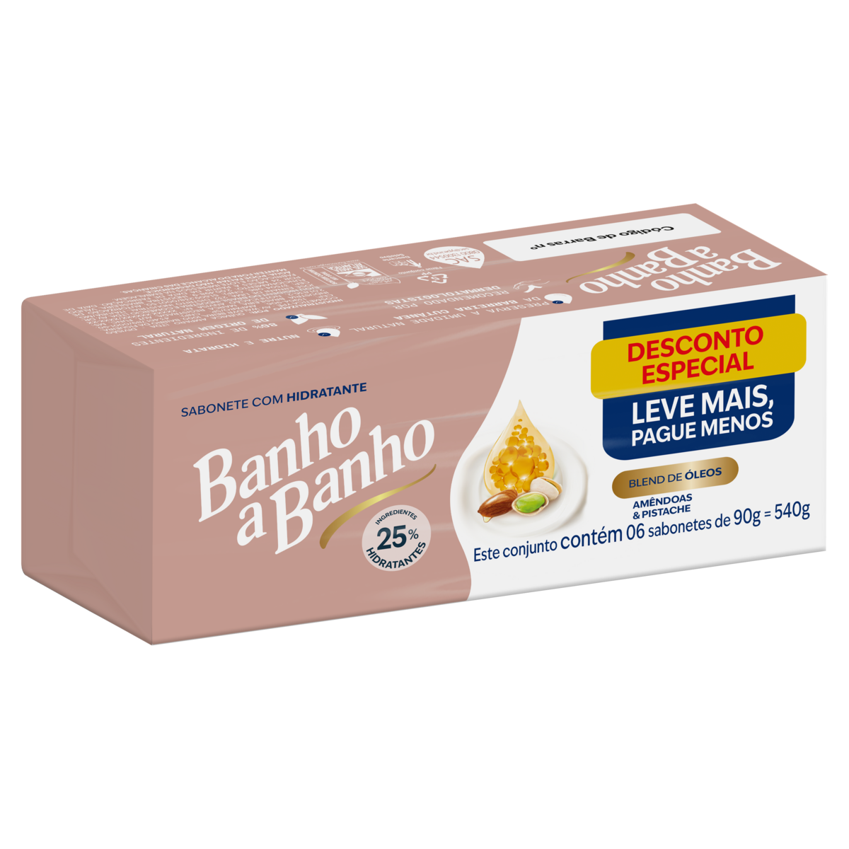 Sabonete em Barra Hidratante Am&ecirc;ndoas e Pistache Banho a Banho Envolt&oacute;rio 540g C/6 Unidades - Embalagem Leve Mais Pague Menos