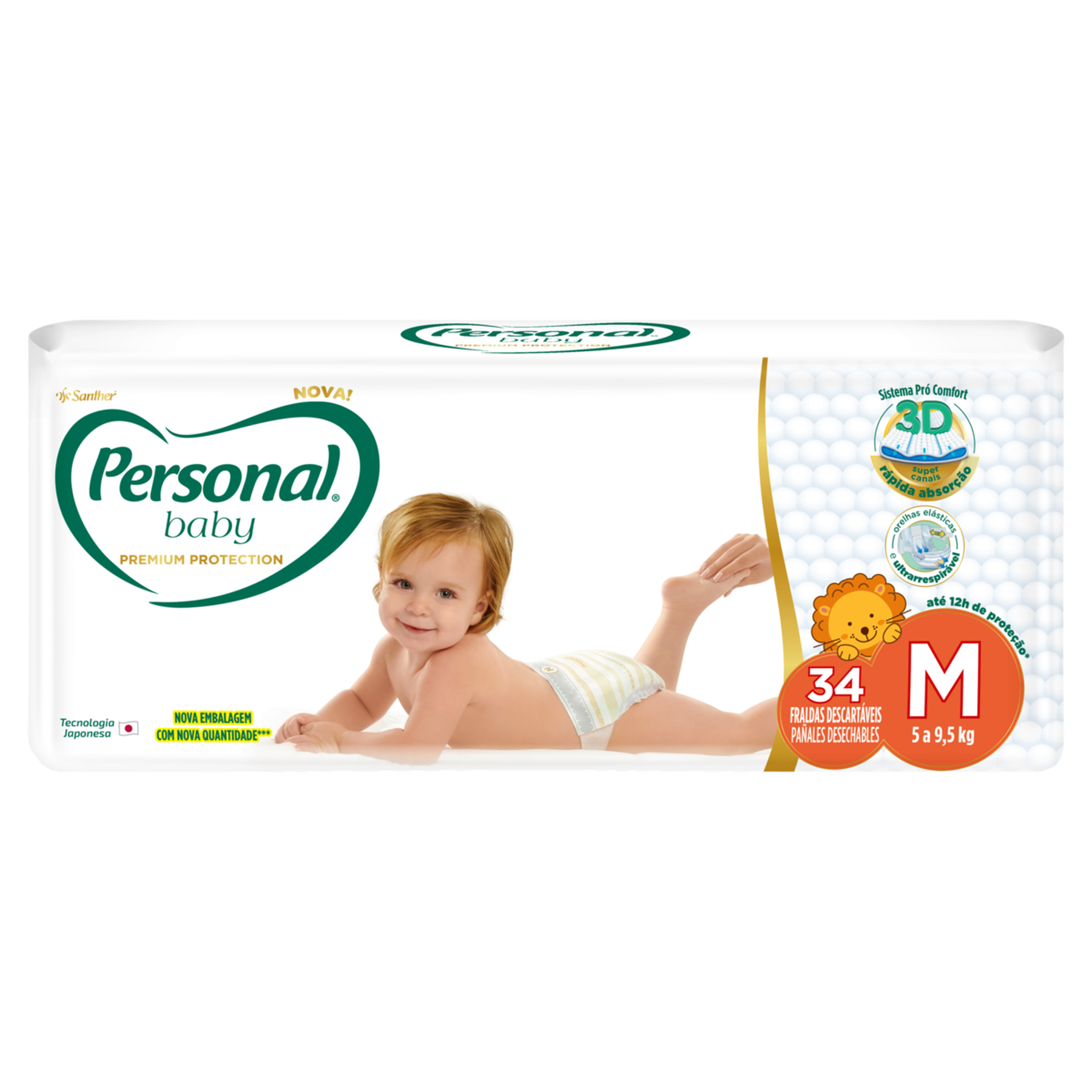 Fralda Descartável Infantil Personal Baby Premium Protection M Pacote C/34 Unidades