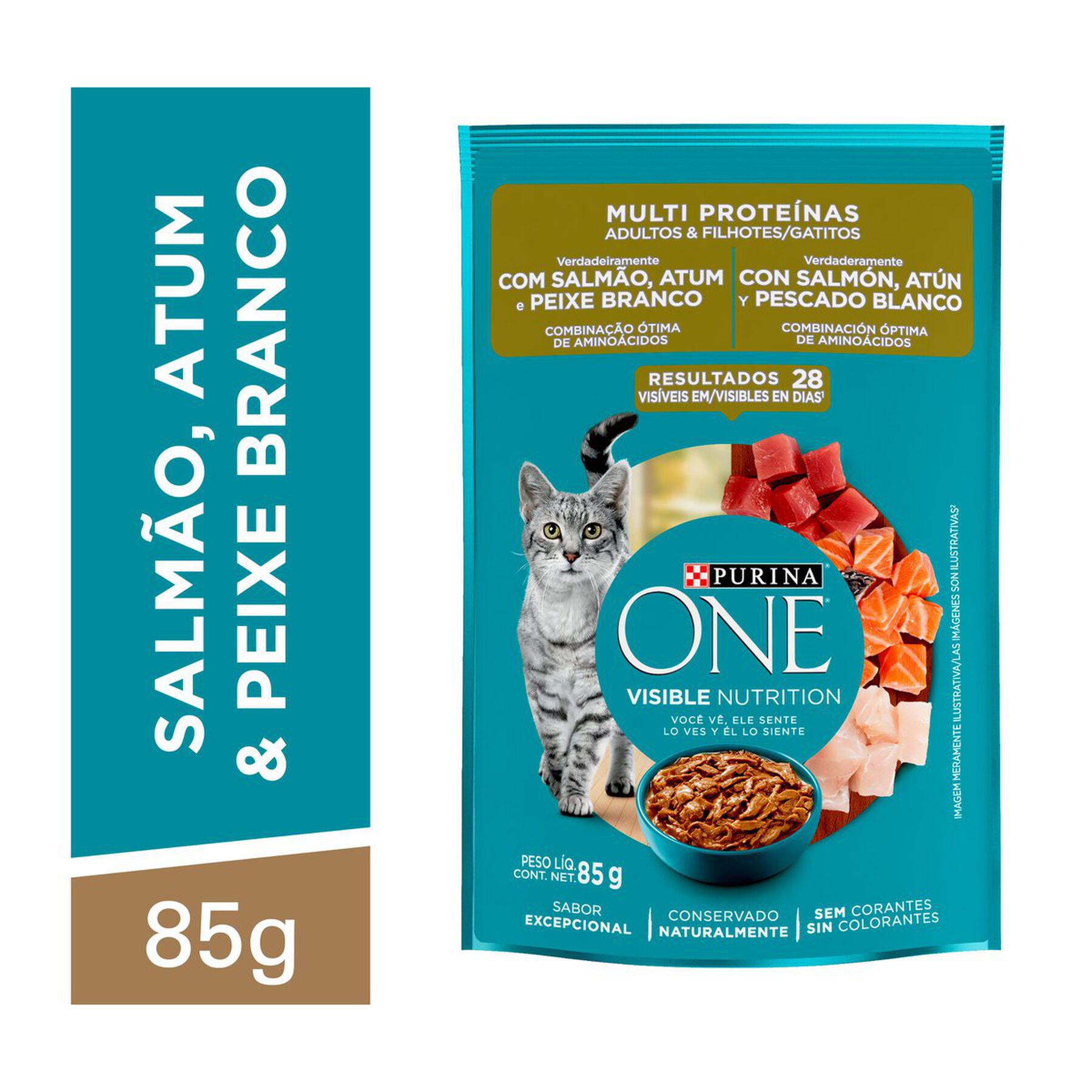 Alimento para Gatos Adultos e Filhotes Salmão, Atum e Peixe Branco Purina One Multi Proteínas Sachê 85g