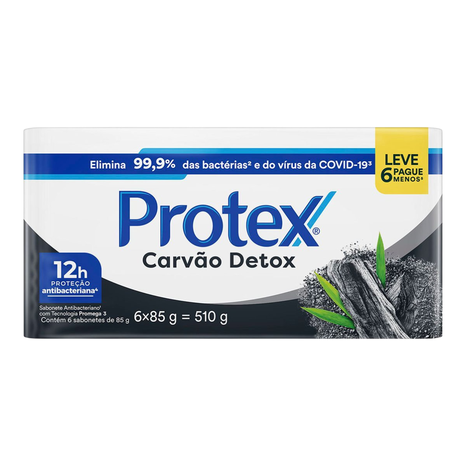 Pack Sabonete Barra Antibacteriano Protex Carv&atilde;o Detox Envolt&oacute;rio 510g 6 Unidades 85g Cada