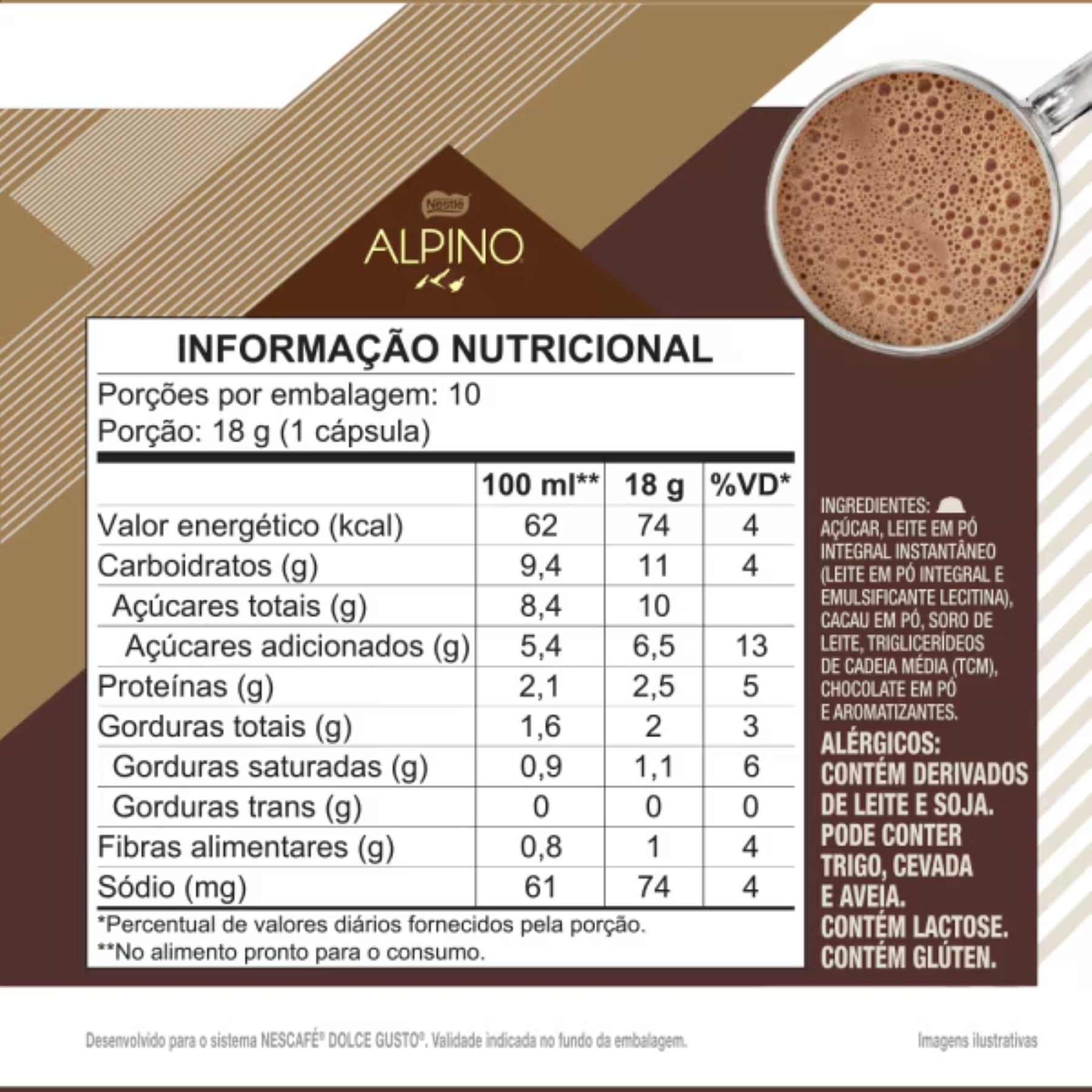 Chococino em Cápsula Alpino Intense Nescafé Dolce Gusto Caixa 180g C/10 Unidades