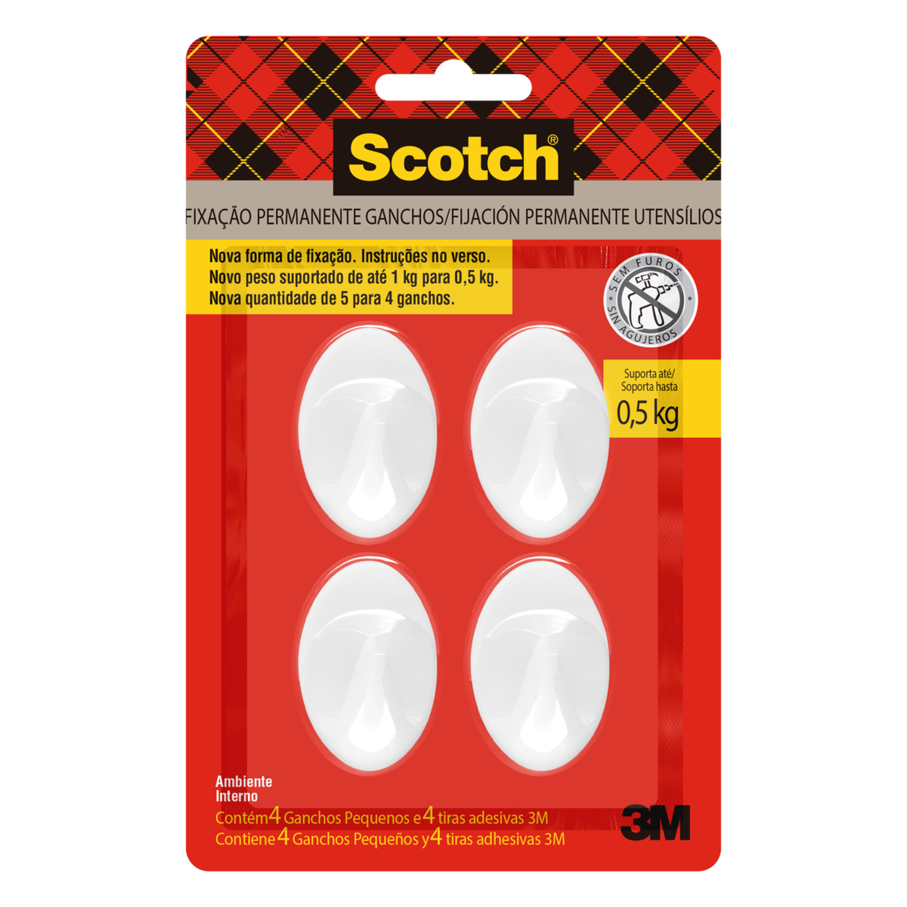 Gancho Pequeno Branco com Tira Adesiva Suporta at&eacute; 0,5kg Scotch C/4 Unidades