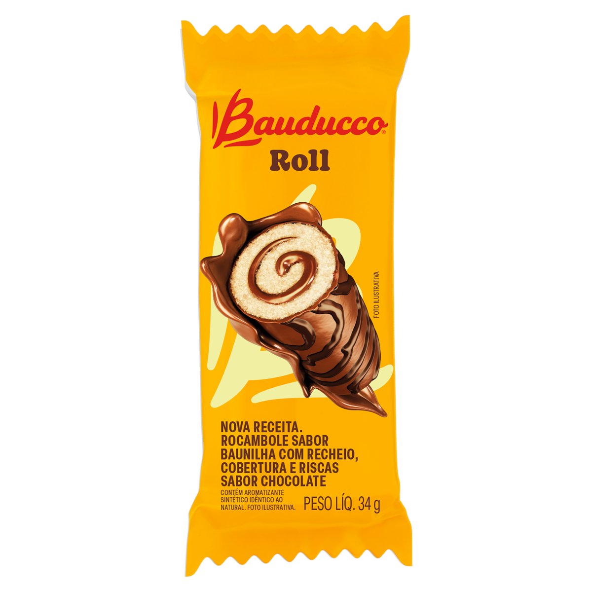Rocambole Baunilha Recheio e Cobertura Chocolate Roll Bauducco Pacote 34g