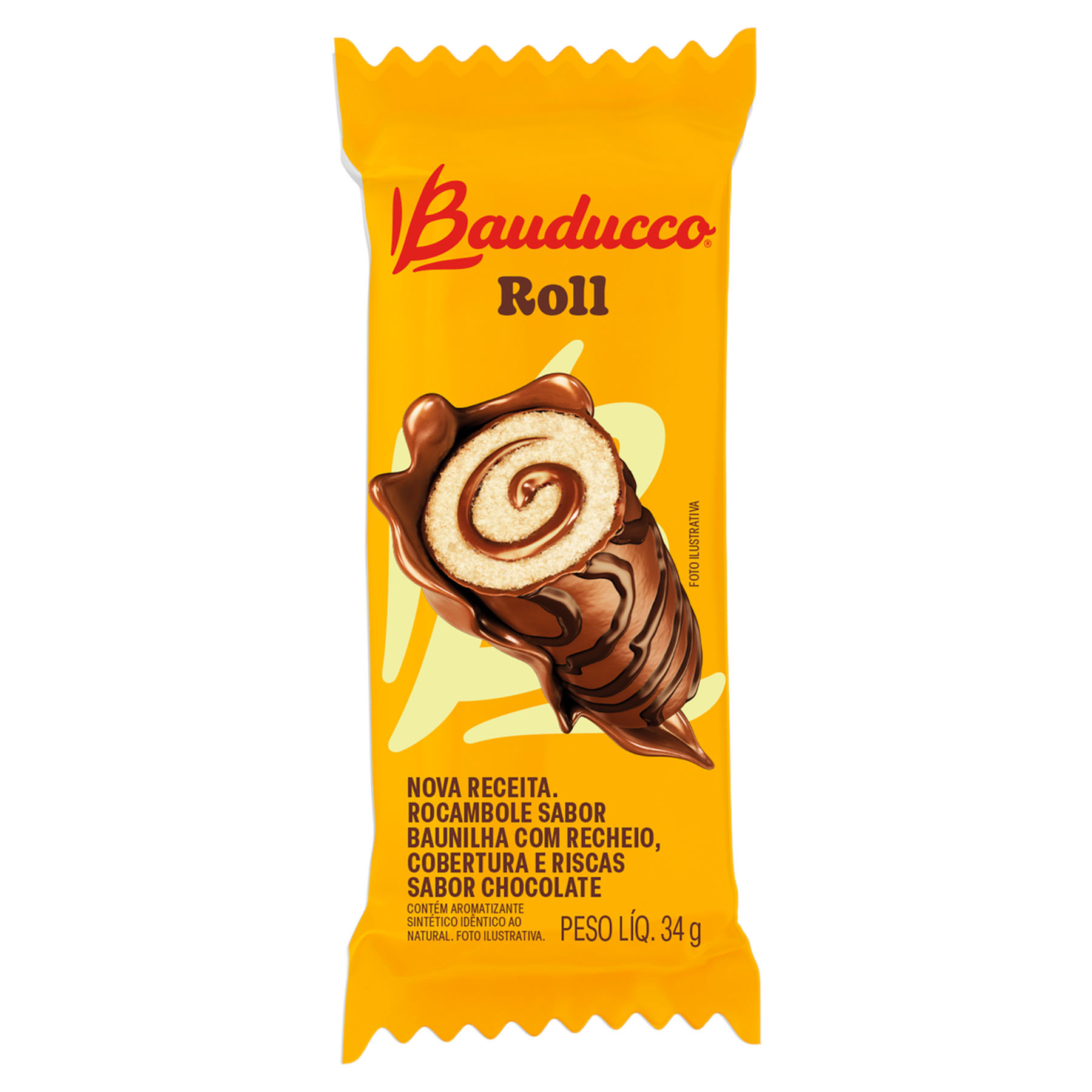 Rocambole Baunilha Recheio e Cobertura Chocolate Roll Bauducco Pacote 34g