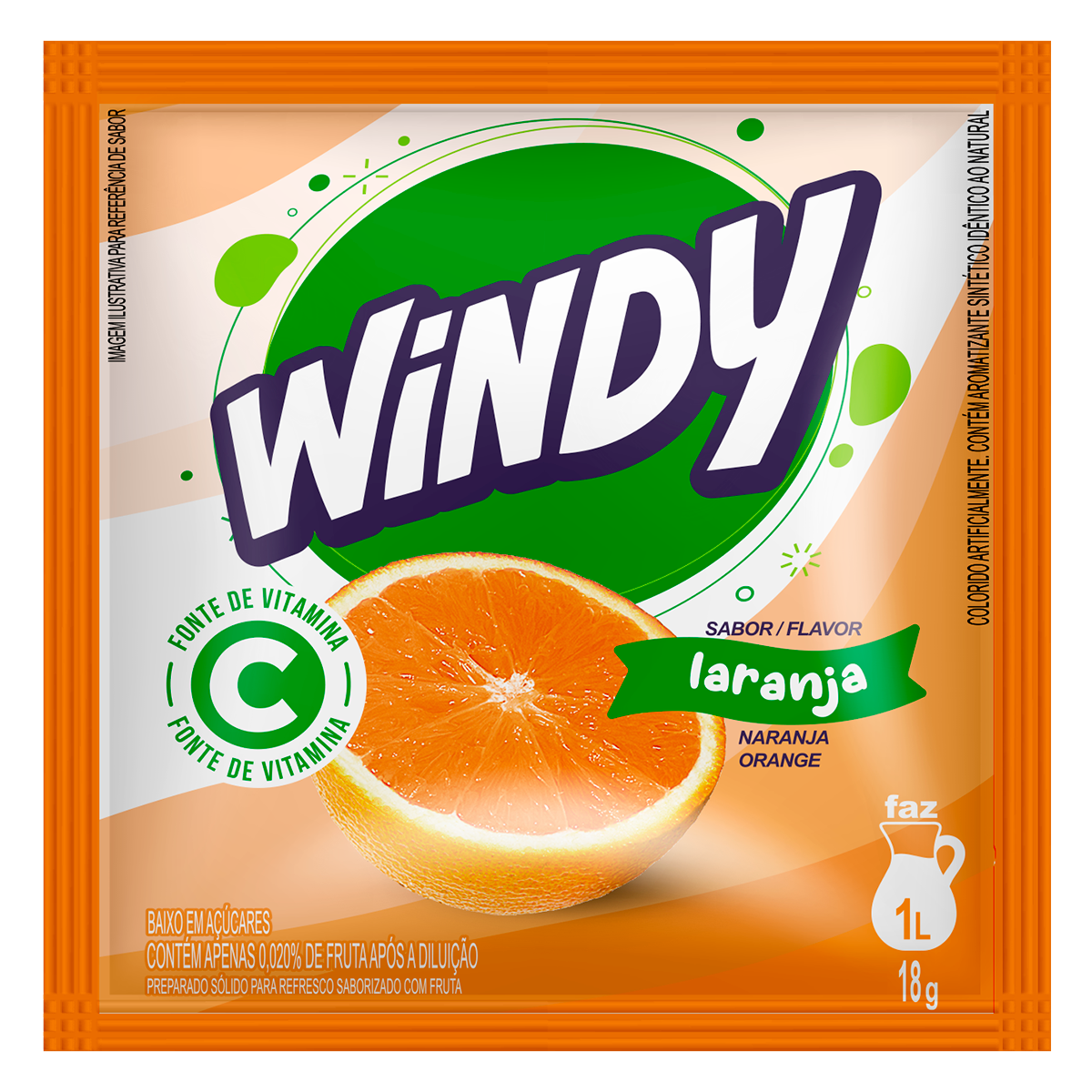 Refresco em P&oacute; Laranja Windy Pacote 18g