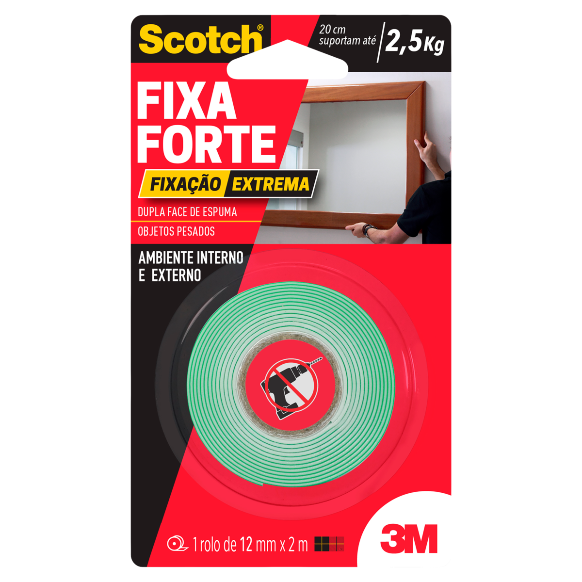 Fita Adesiva Dupla Face de Espuma Fixa Forte Scotch 12mm x 2m