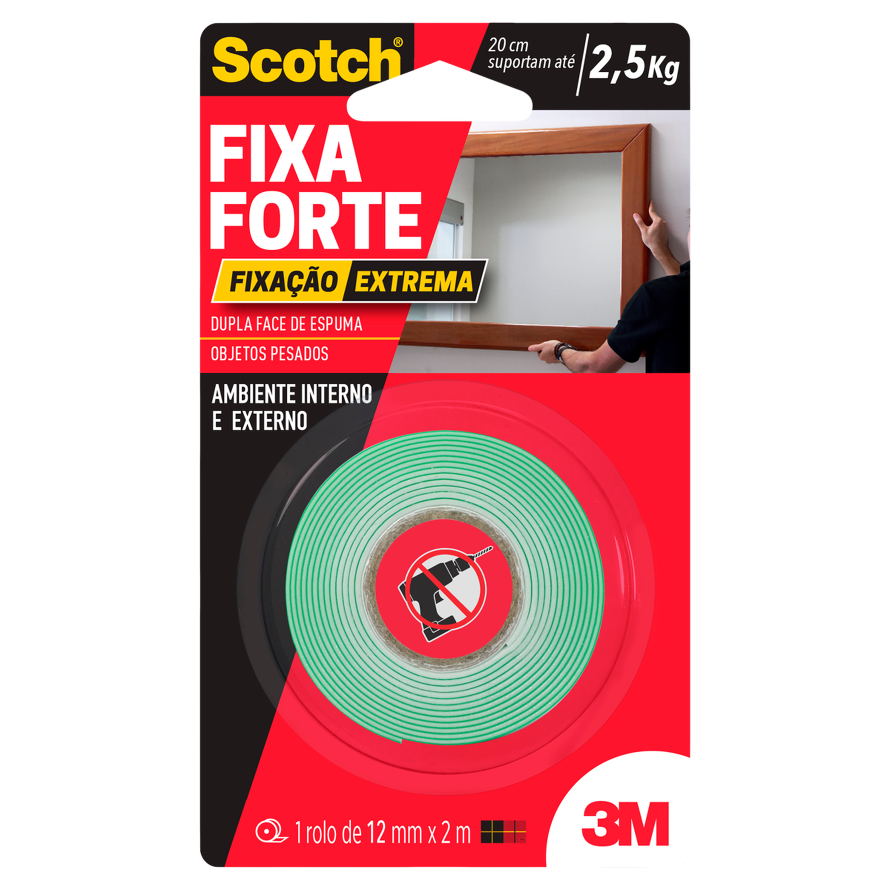 Fita Adesiva Dupla Face de Espuma Fixa Forte Scotch 12mm x 2m