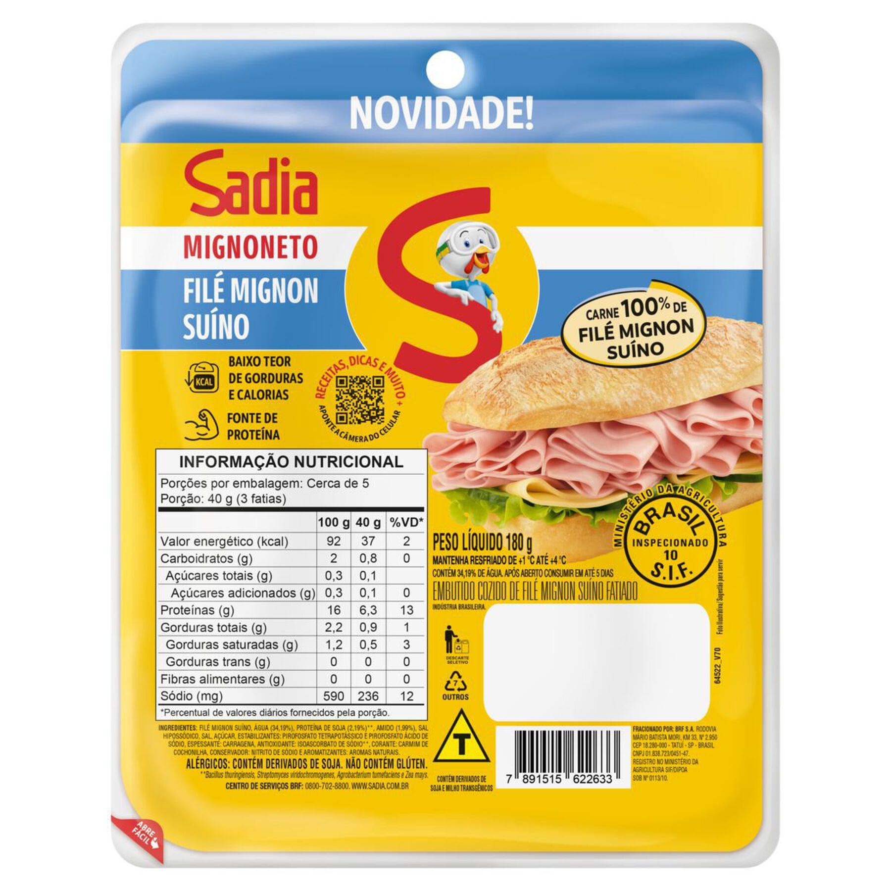 Embutido Su&iacute;no Cozido Fatiado Mignoneto Sadia 180g