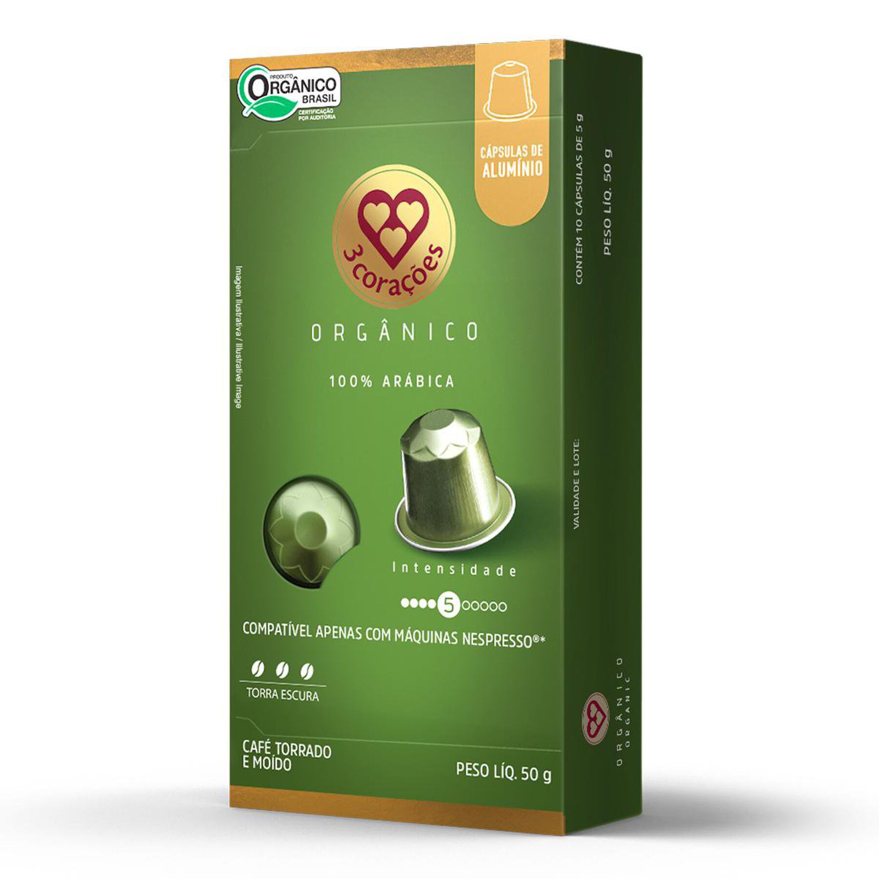 Café em Cápsula Torrado e Moído Orgânico 3 Corações Caixa 50g C/10 Unidades