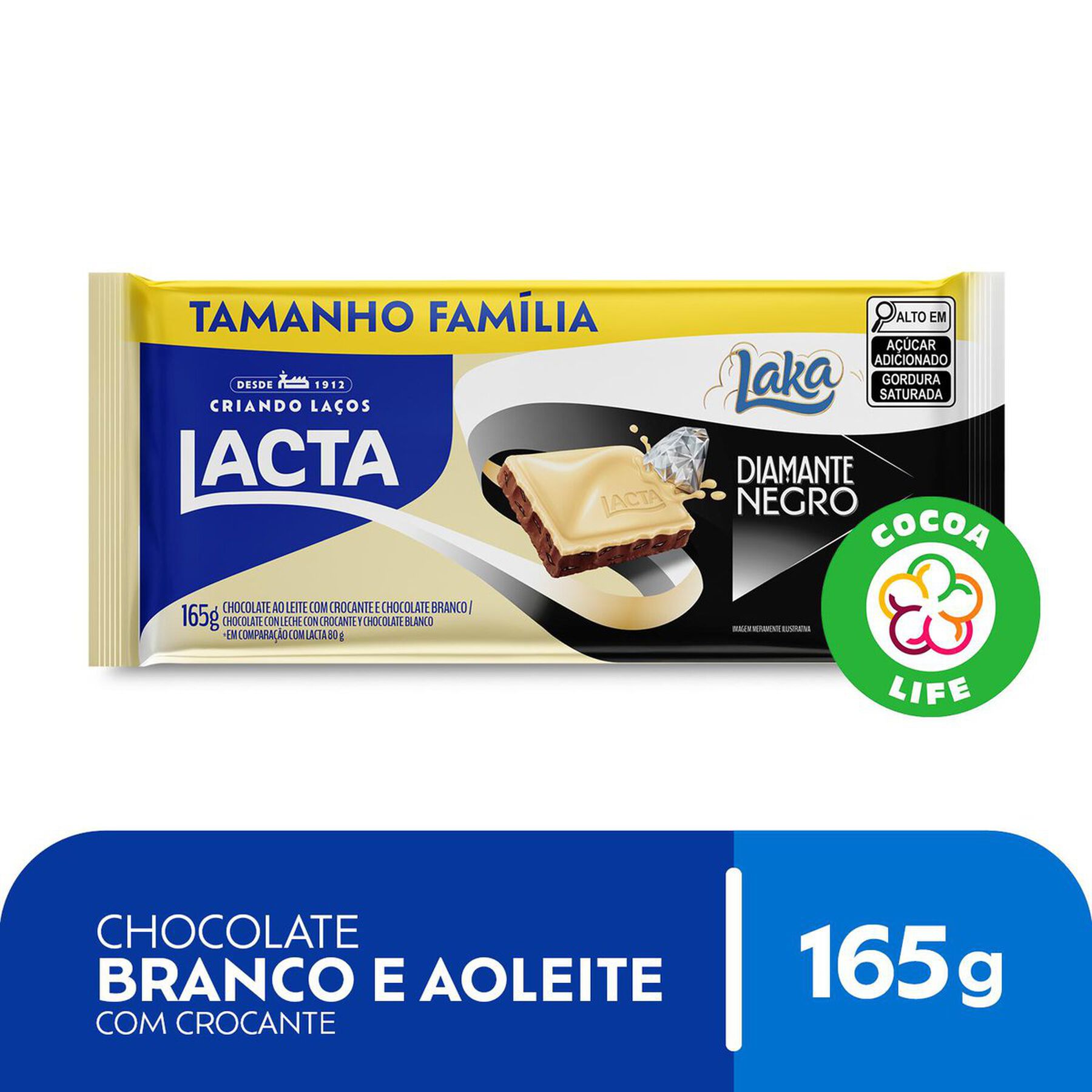 Barra de Chocolate ao Leite e Branco Diamante Negro + Laka Lacta Pacote 165g - Embalagem Tamanho Fam&iacute;lia