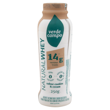 Iogurte Desnatado Cookies & Cream Zero Lactose Verde Campo Natural Whey 14g de Proteína Frasco 250g